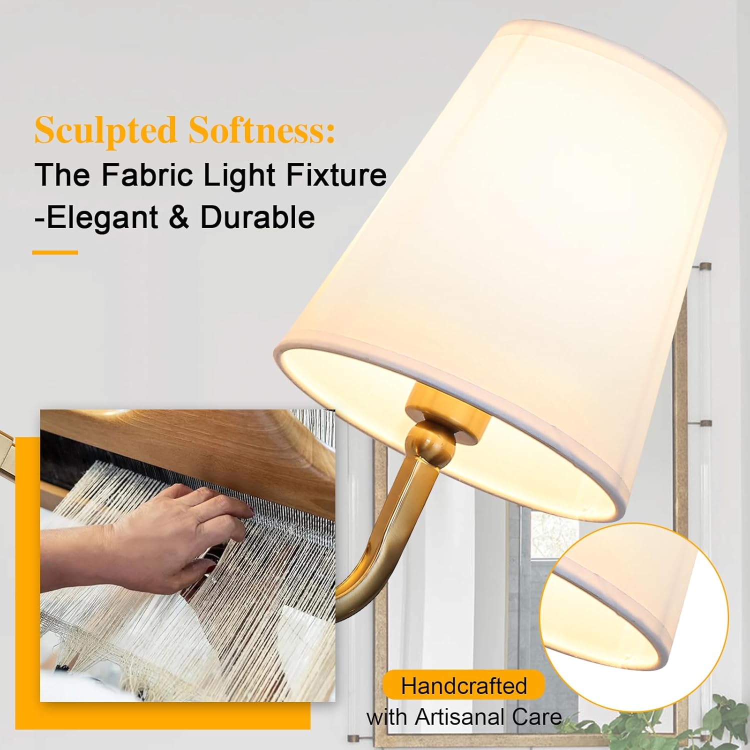 [Color]-finished brass 3-light wall sconce with white fabric drum shades, mounted above bathroom mirror — view 2