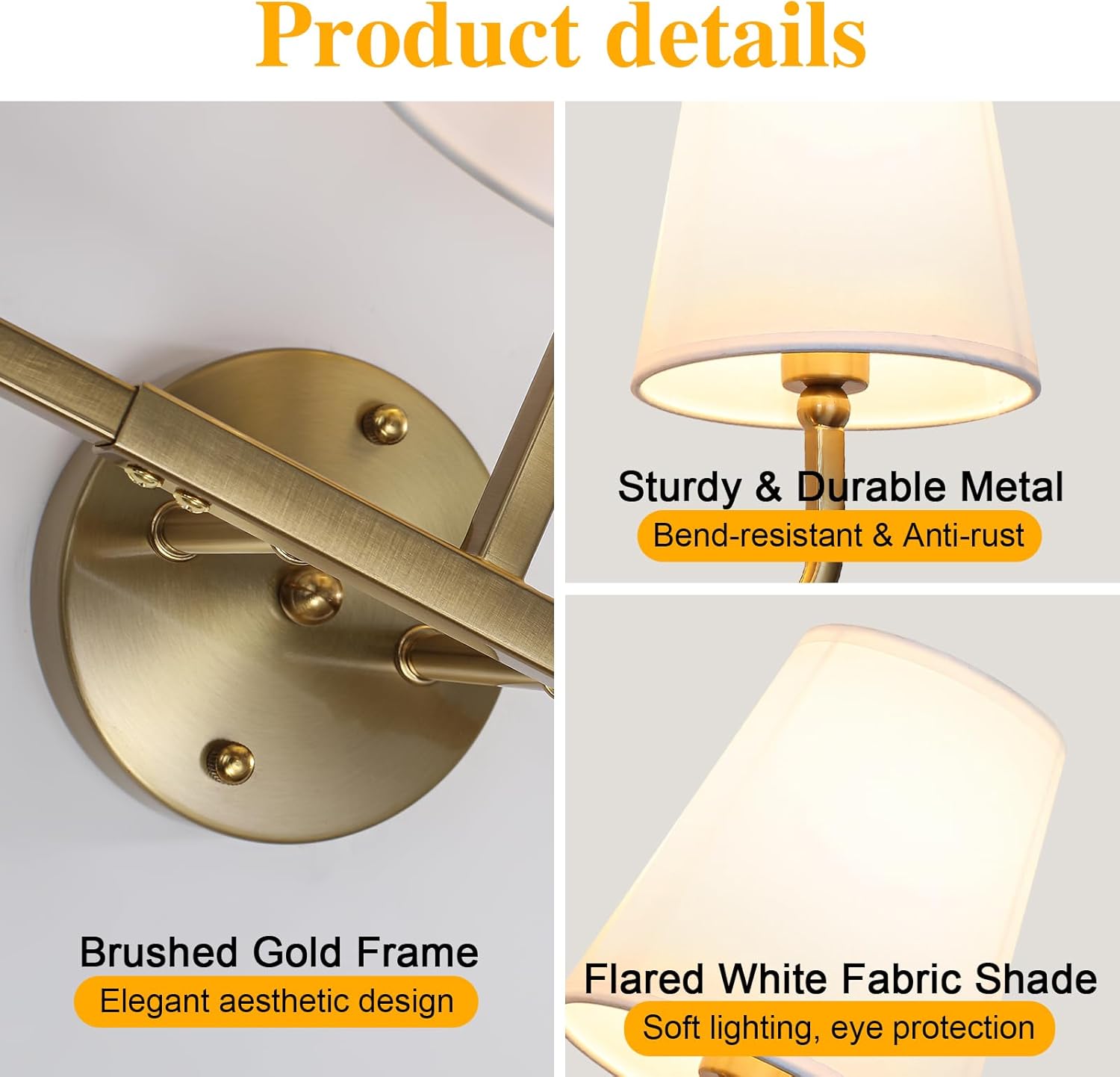 [Color]-finished brass 3-light wall sconce with white fabric drum shades, mounted above bathroom mirror — view 3