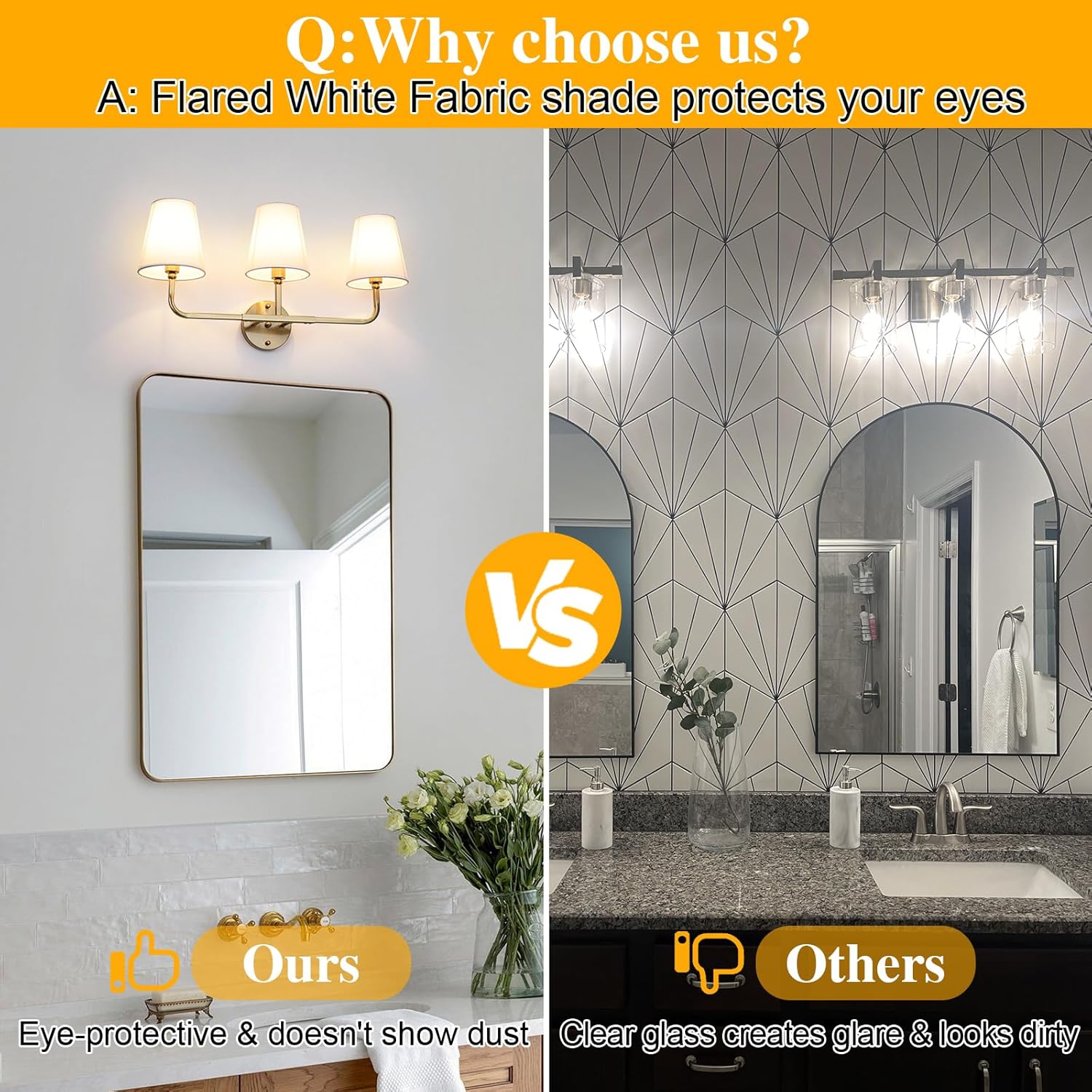 [Color]-finished brass 3-light wall sconce with white fabric drum shades, mounted above bathroom mirror — view 4