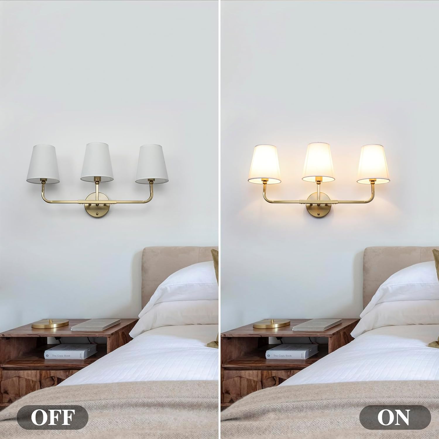 [Color]-finished brass 3-light wall sconce with white fabric drum shades, mounted above bathroom mirror — view 2