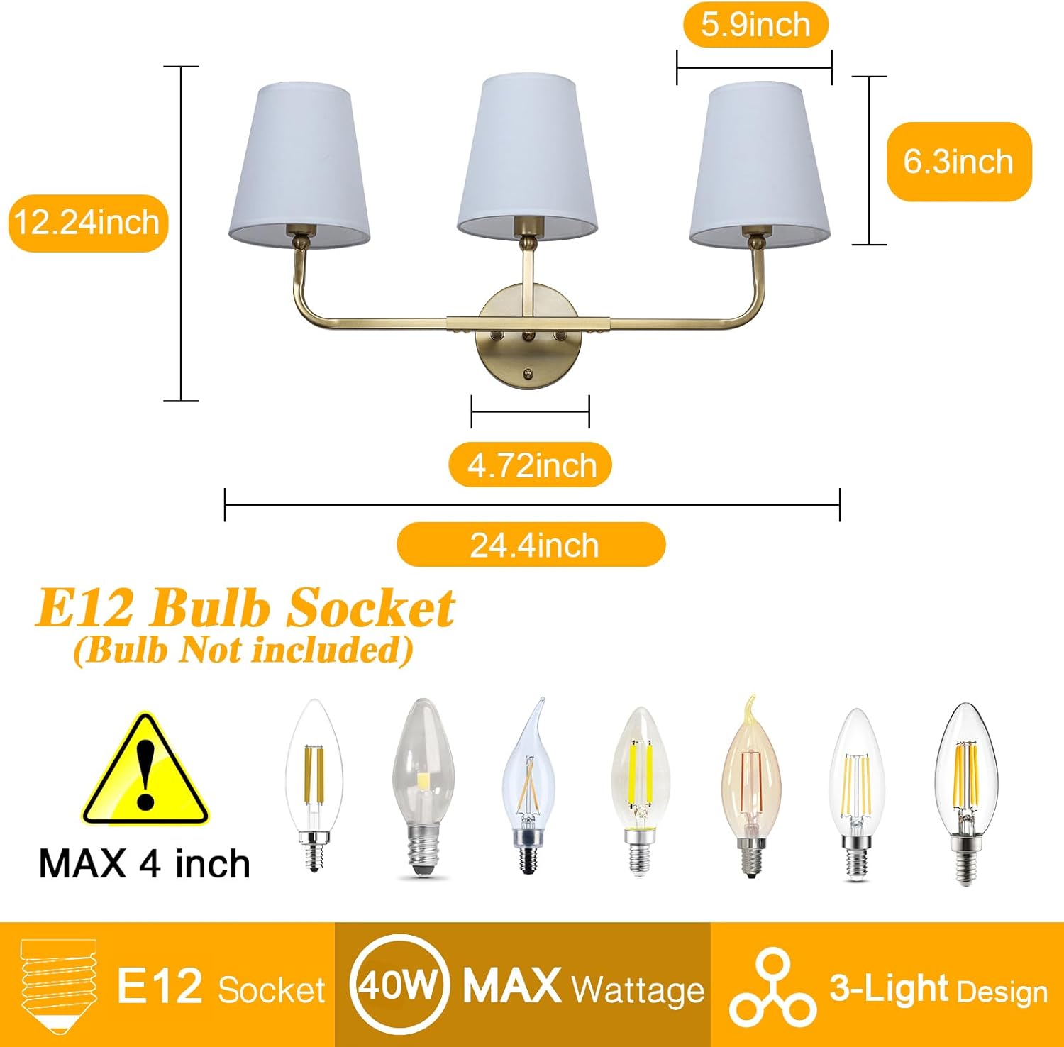 [Color]-finished brass 3-light wall sconce with white fabric drum shades, mounted above bathroom mirror — view 3
