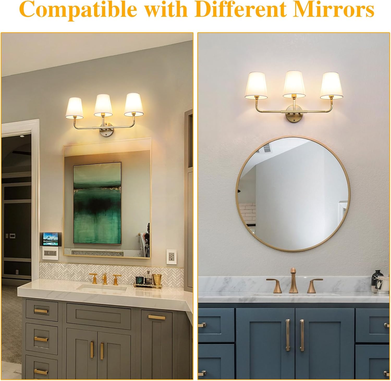 [Color]-finished brass 3-light wall sconce with white fabric drum shades, mounted above bathroom mirror — view 4