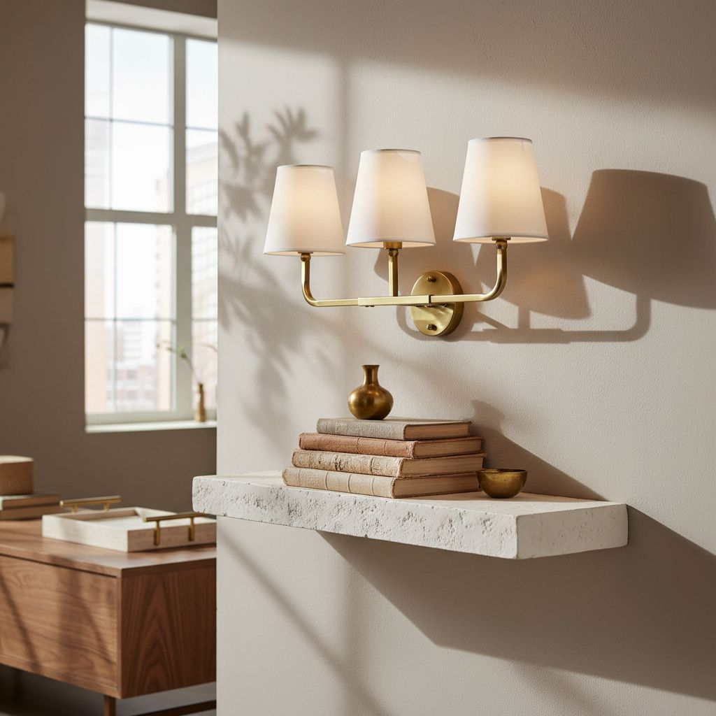 [Color]-finished brass 3-light wall sconce with white fabric drum shades, mounted above bathroom mirror — view 5b