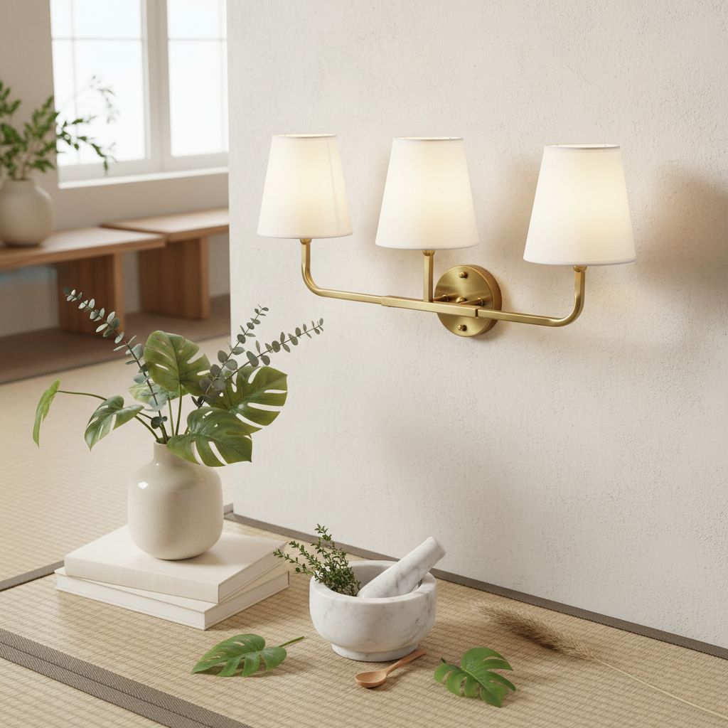 [Color]-finished brass 3-light wall sconce with white fabric drum shades, mounted above bathroom mirror — view 3a