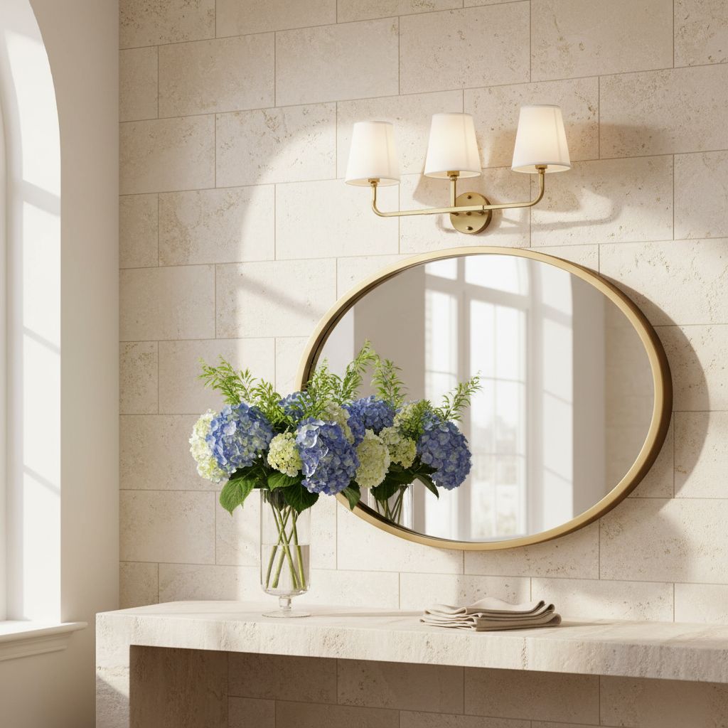 [Color]-finished brass 3-light wall sconce with white fabric drum shades, mounted above bathroom mirror — view 4