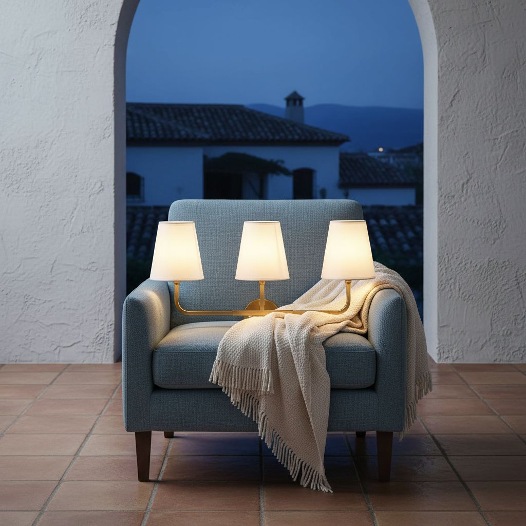 [Color]-finished brass 3-light wall sconce with white fabric drum shades, mounted above bathroom mirror — view 5a