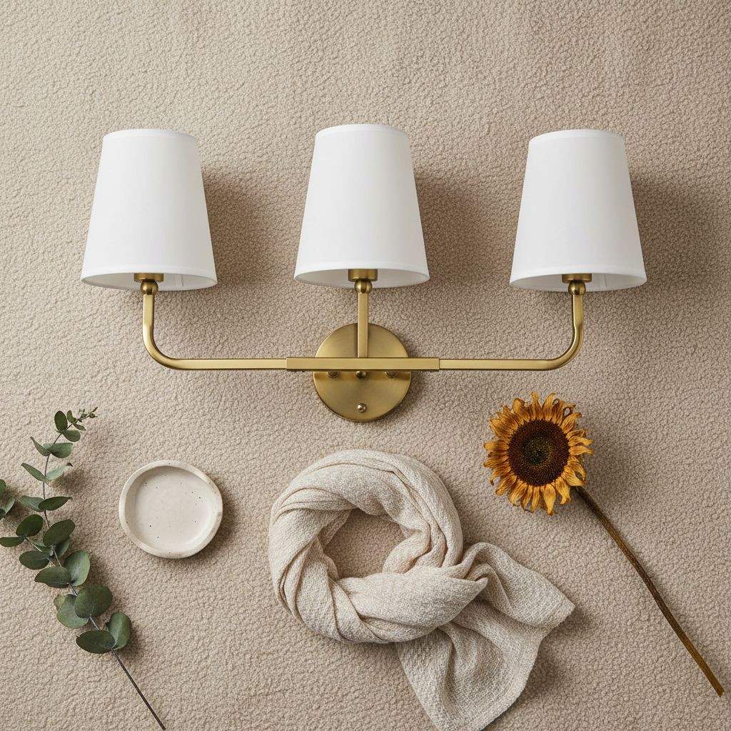[Color]-finished brass 3-light wall sconce with white fabric drum shades, mounted above bathroom mirror — hero view 2