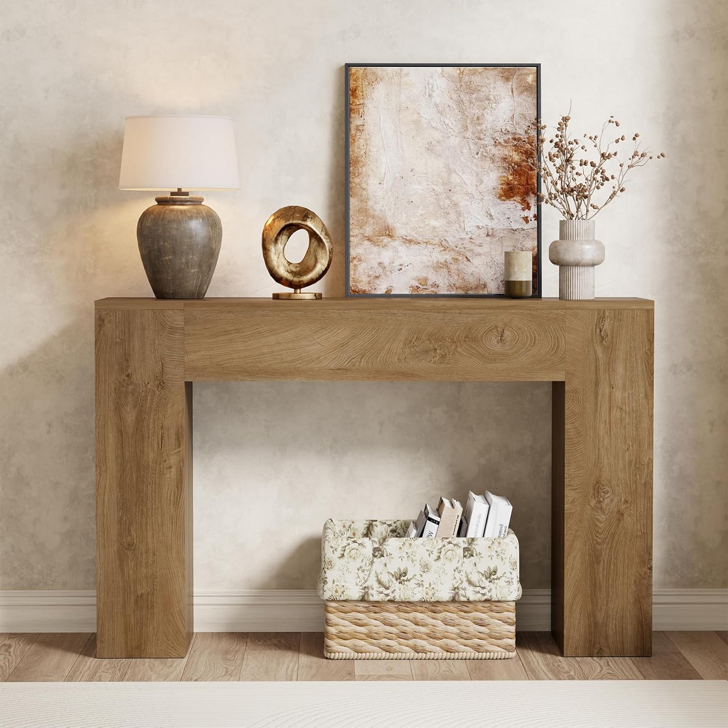 Light oak wood console table with modern farmhouse double base design, shown in warm earth tones — view 1