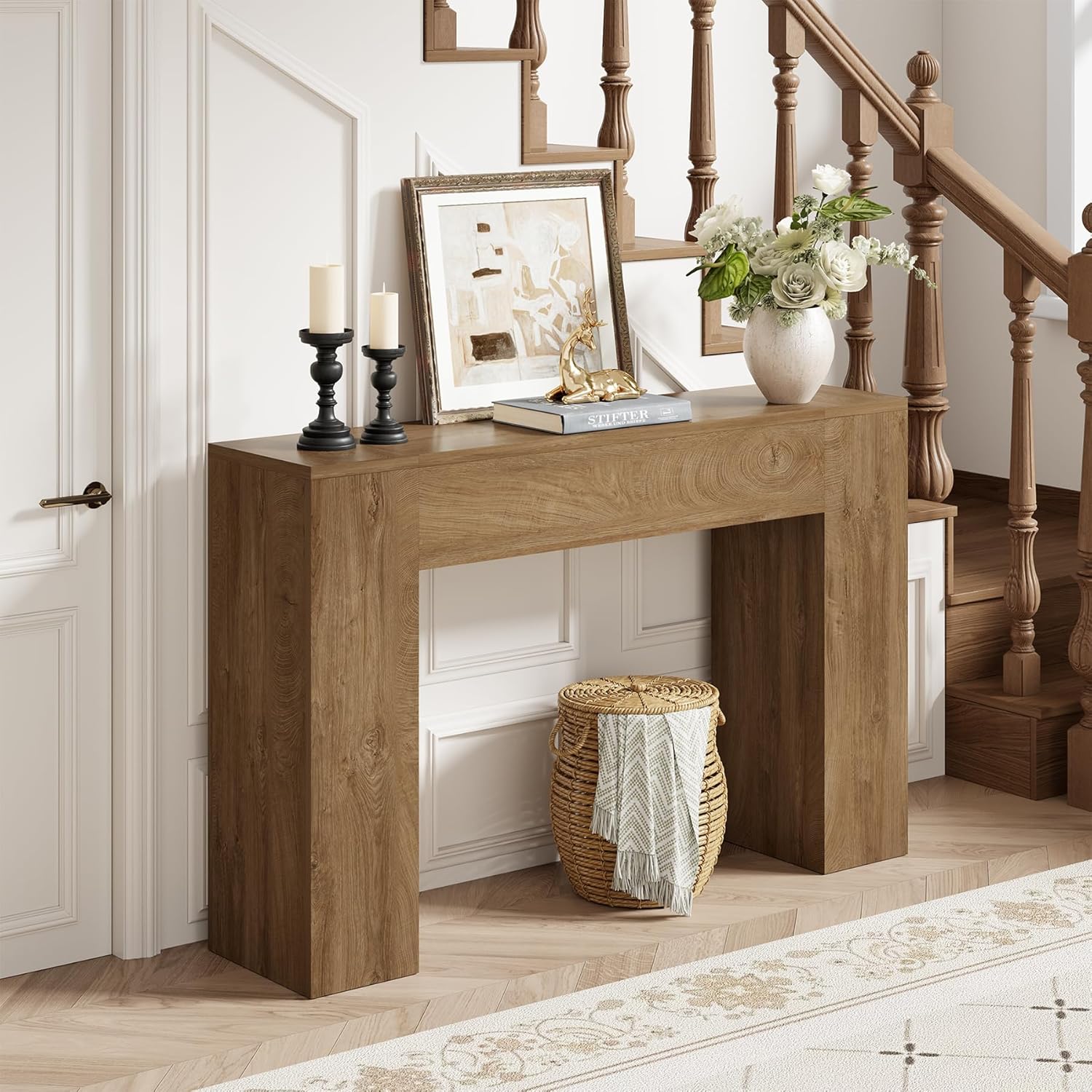 Light oak wood console table with modern farmhouse double base design, shown in warm earth tones — view 3