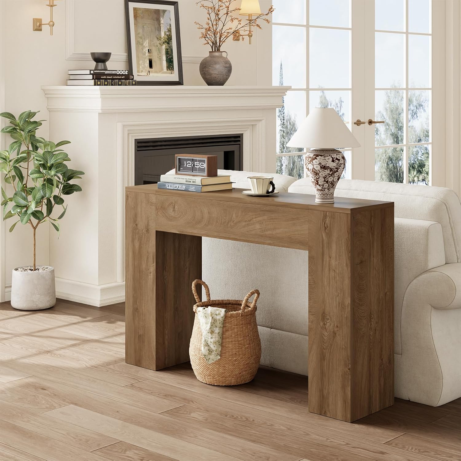 Light oak wood console table with modern farmhouse double base design, shown in warm earth tones — view 4