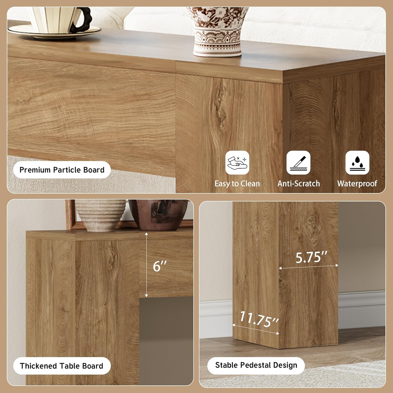 Light oak wood console table with modern farmhouse double base design, shown in warm earth tones — view 2