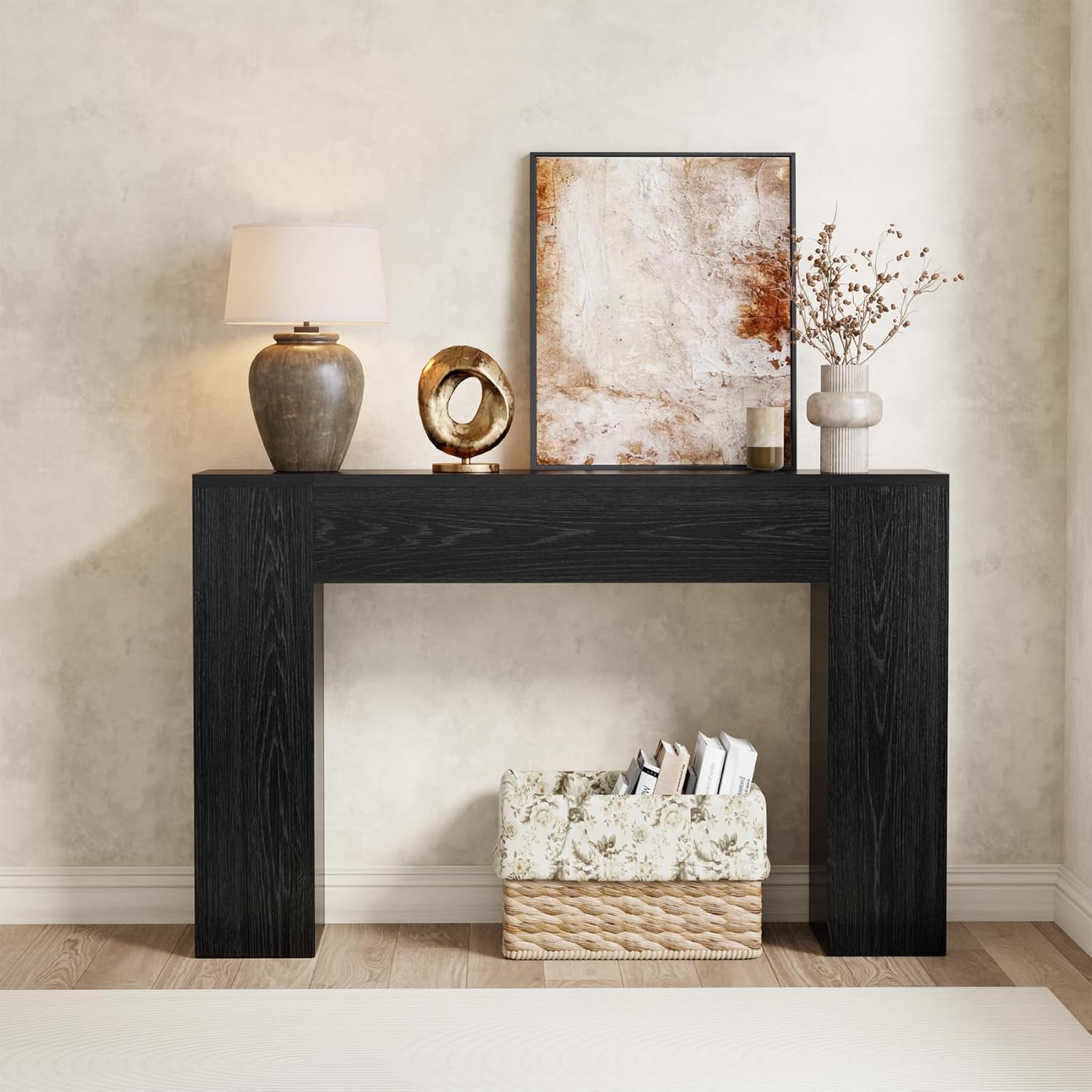 Light oak wood console table with modern farmhouse double base design, shown in warm earth tones — view 4