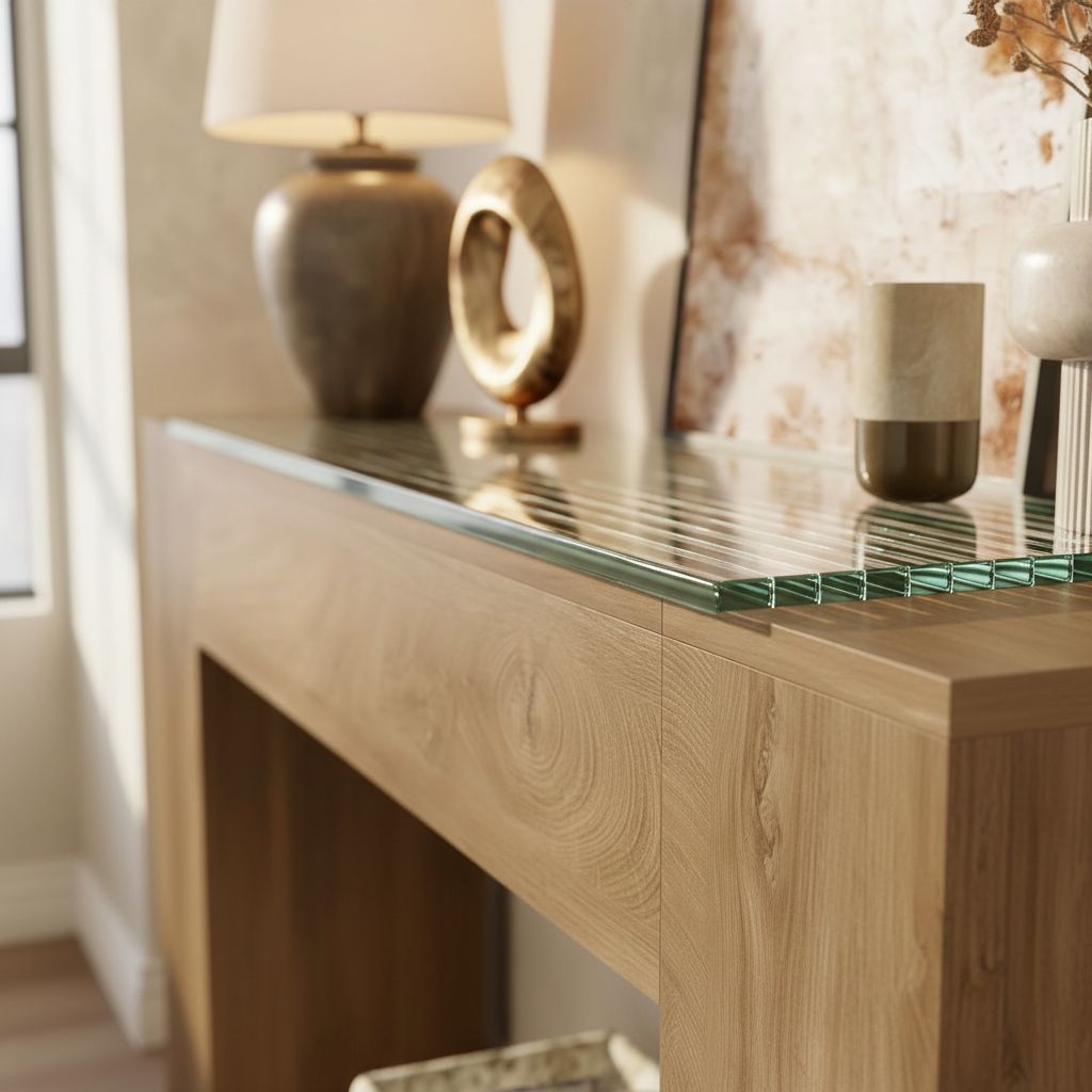 Light oak wood console table with modern farmhouse double base design, shown in warm earth tones — view 7