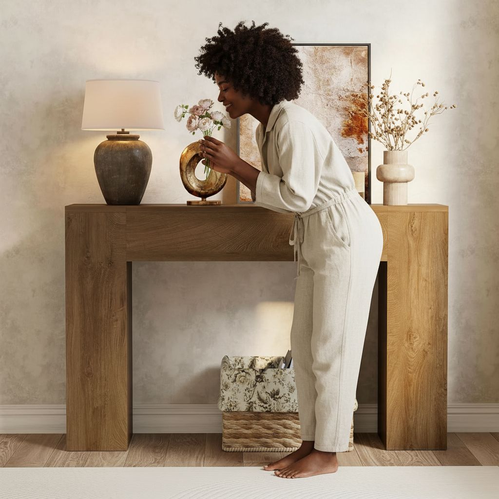 Light oak wood console table with modern farmhouse double base design, shown in warm earth tones — view 2