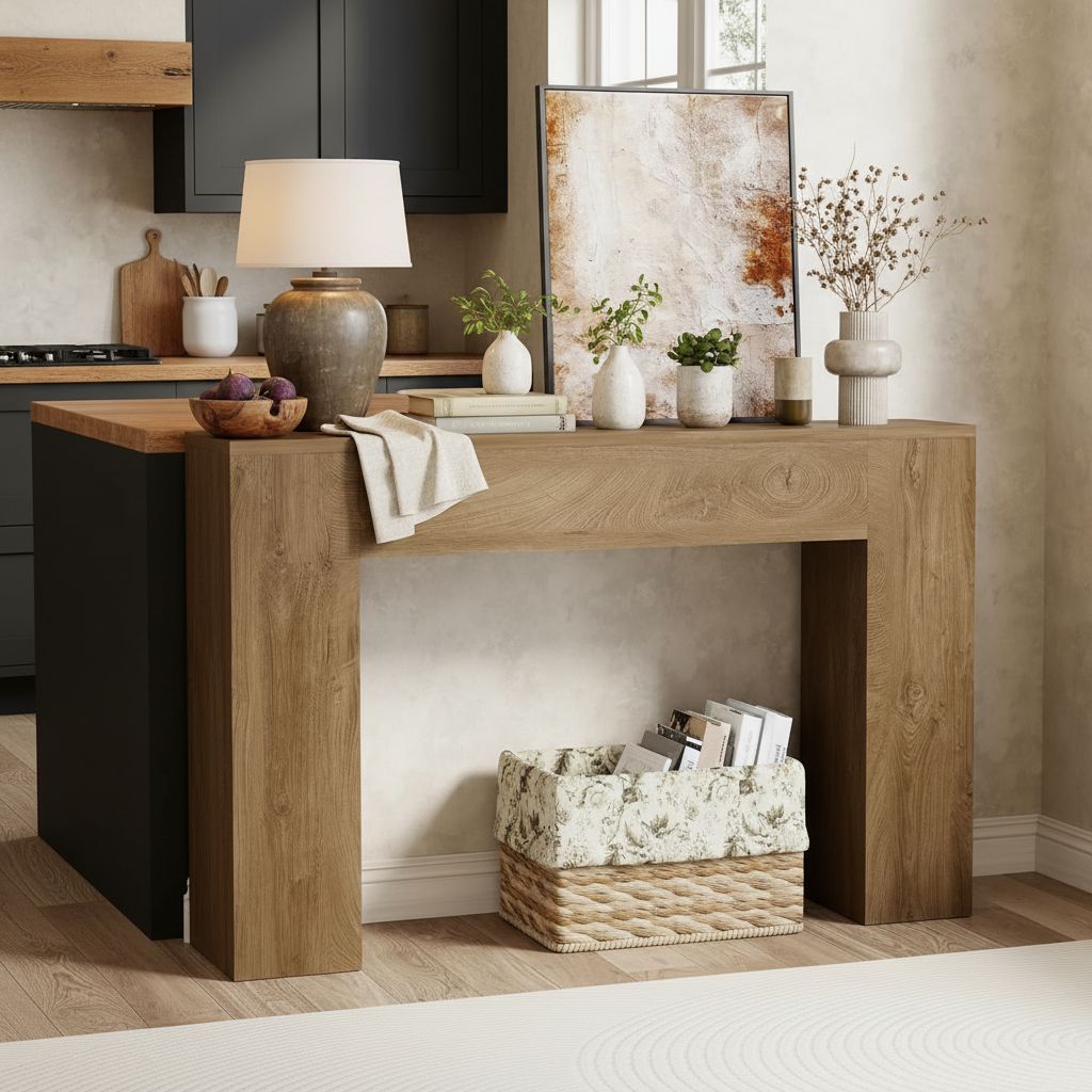 Light oak wood console table with modern farmhouse double base design, shown in warm earth tones — view 3a