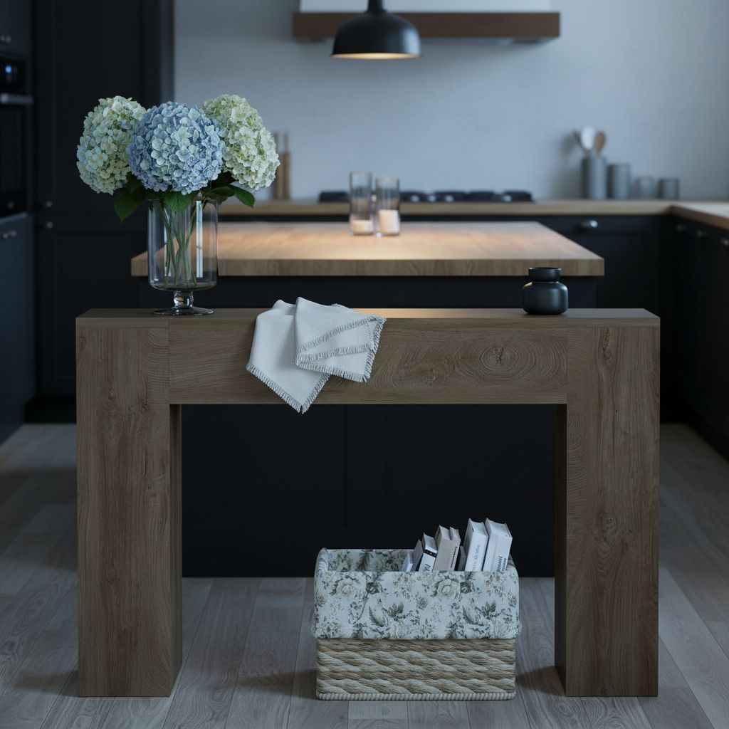 Light oak wood console table with modern farmhouse double base design, shown in warm earth tones — view 4