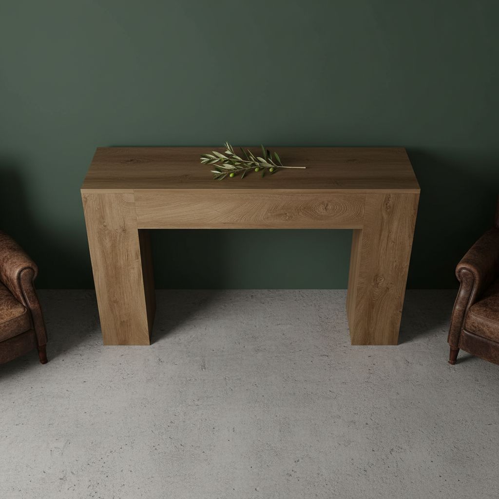 Light oak wood console table with modern farmhouse double base design, shown in warm earth tones — view 5a
