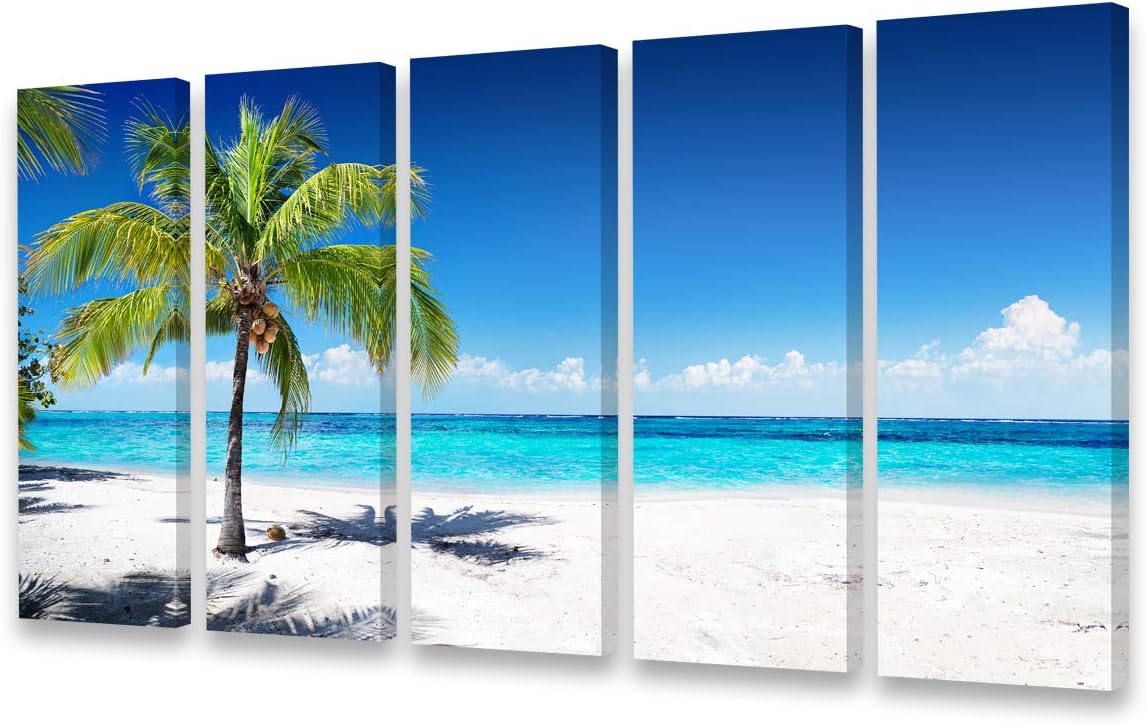 S03958 Large Canvas Wall Art Summer Ocean Waves Coconut Trees on Sands Beach Seascape Painting Sea Nature Pictures for Living Room Bedroom Home Decorations Office Wall Decor Artwork12x32inch x5pcs