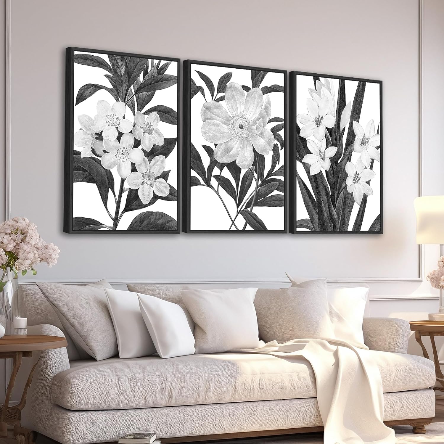 Large Framed Flower Wall Art - Blooming Floral Wall Decor 20x28 Set of 3 Black and White Painting Prints Vintage Botanical Canvas Pictures for Living Room Bedroom Office Artwork