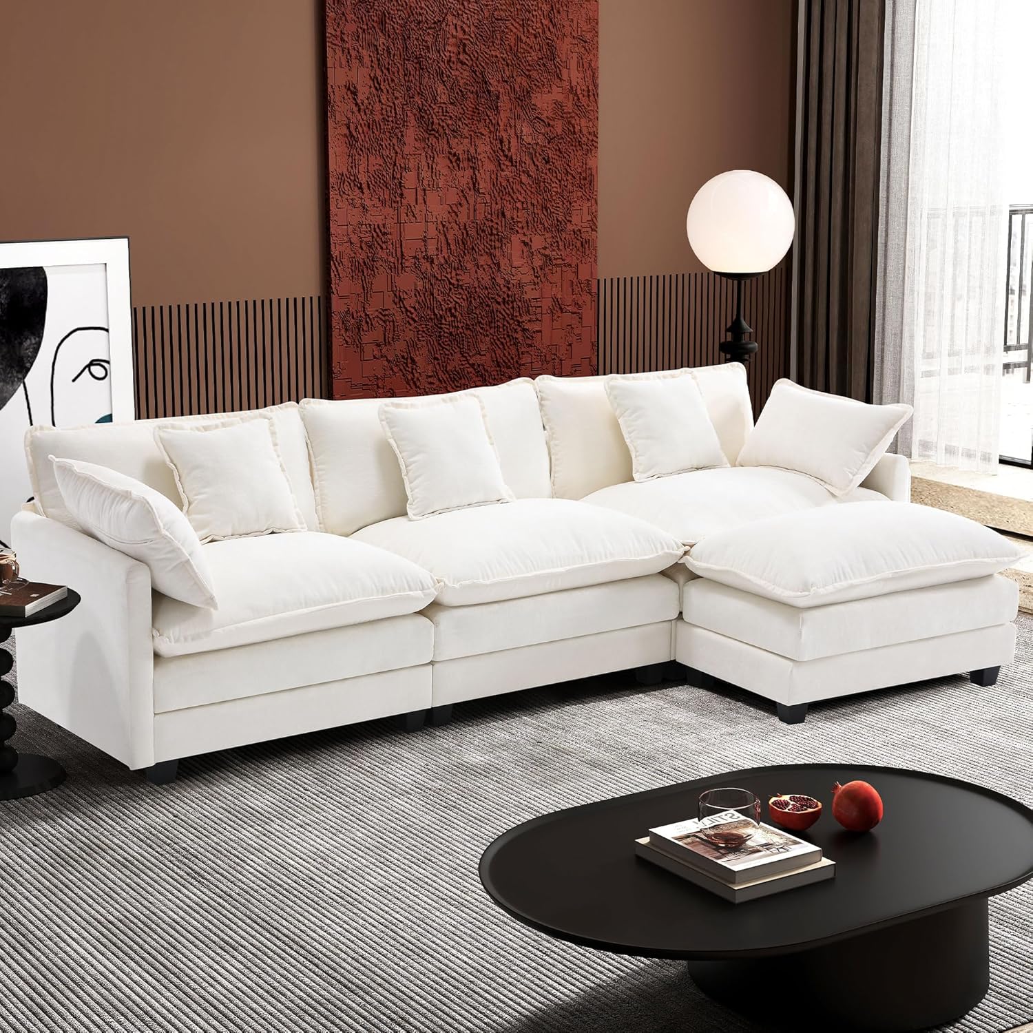 Ihanherry 111.4 L Shaped Modern Sofa Modular Sectional Cloud Couch with Ottoman, 4-Seat Chenille Deep Seat Sofa with Pillow for Living Room, Bedroom and Apartment, Beige