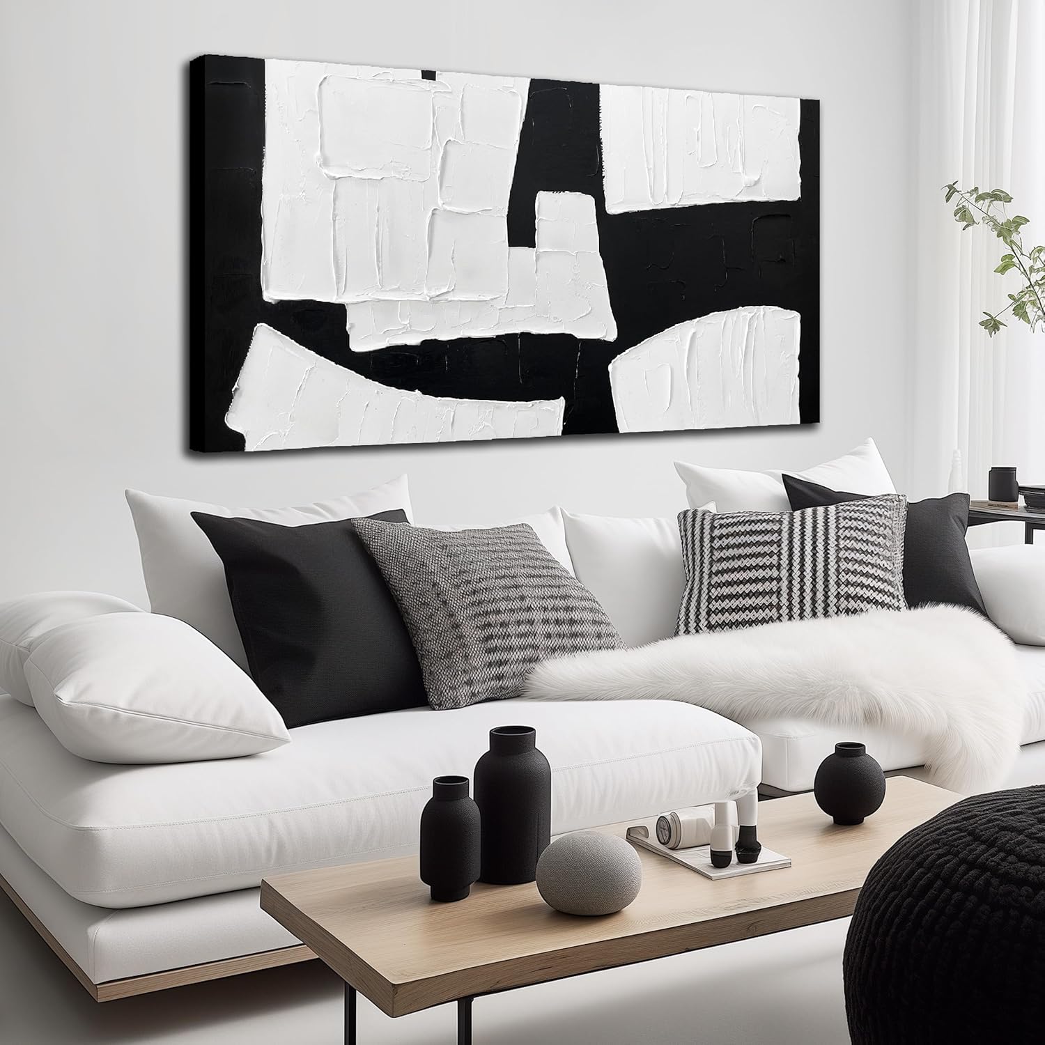Black and White Pictures for Wall Abstract Art Wall Decor for Living Room Minimalist Hand Painted Wall Art Office Apartment Decoration Size 24 x 48 Inch