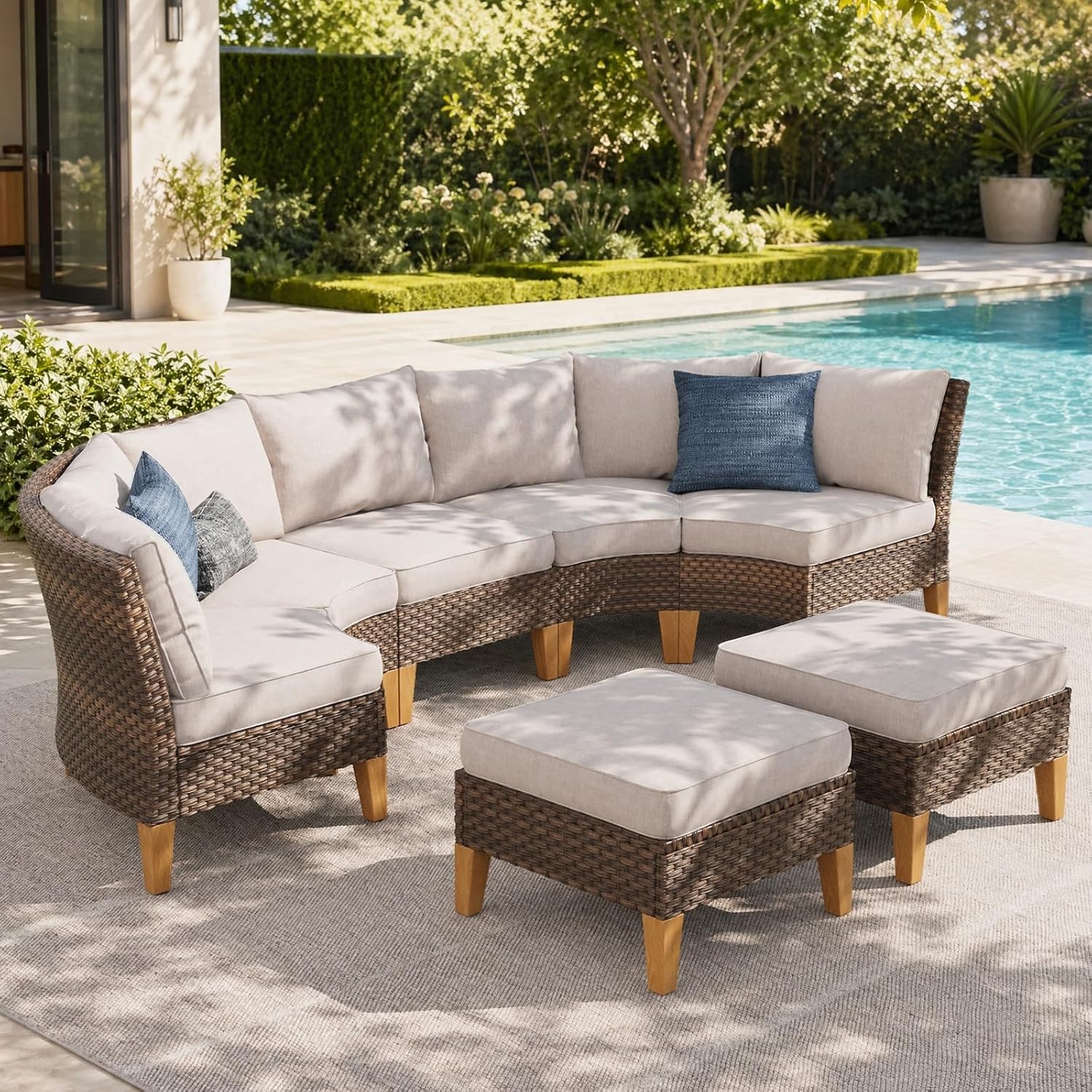 Sophia & William Half Moon Patio Furniture Set 7 Piece Outdoor Sectional Sofa Set, Wicker Patio Conversation Set with 2 Curved Sofa, 1 Armless Chairs, 2 Ottoman for Pool, Deck, Lawn (Beige)