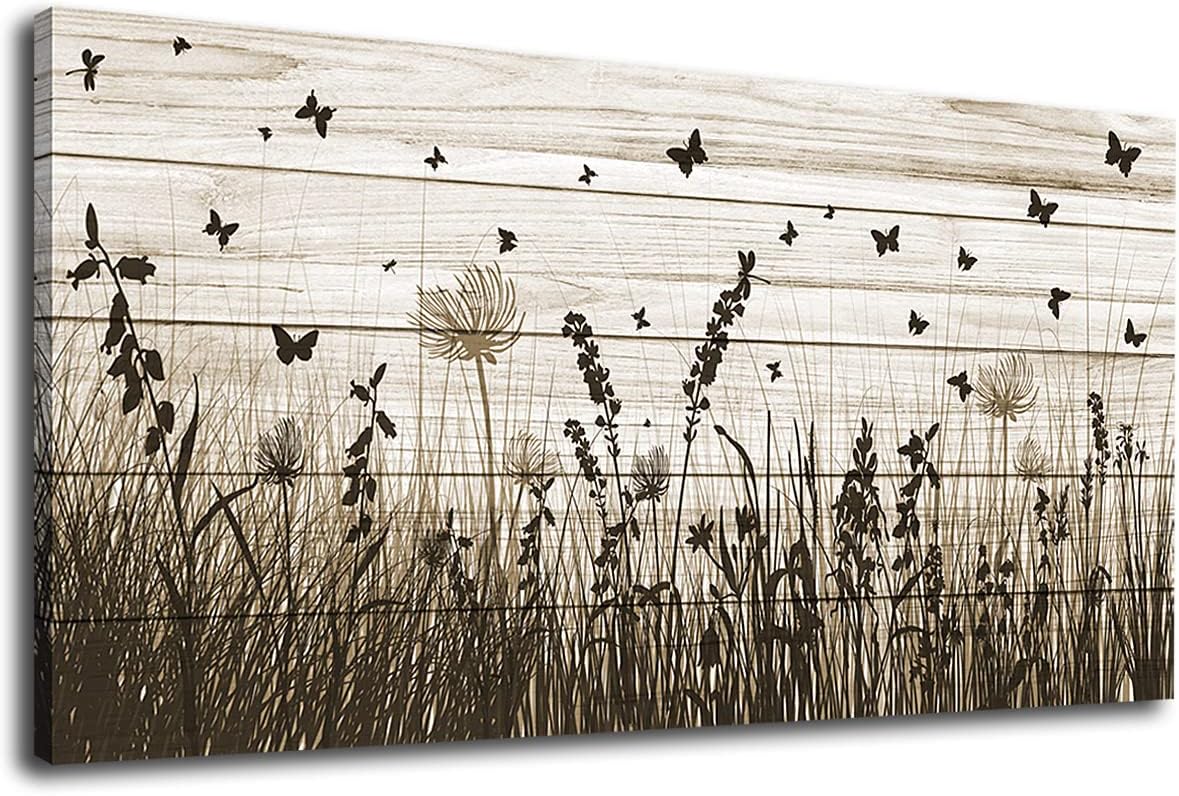 Wildflower Wall Art Autumn Canvas Picture Butterfly Grass Dandelion Artwork Vintage Wooden Board Painting Prints for Bedroom Living Room Office Home Kitchen Wall Decor Framed Ready to Hang 29 x 58