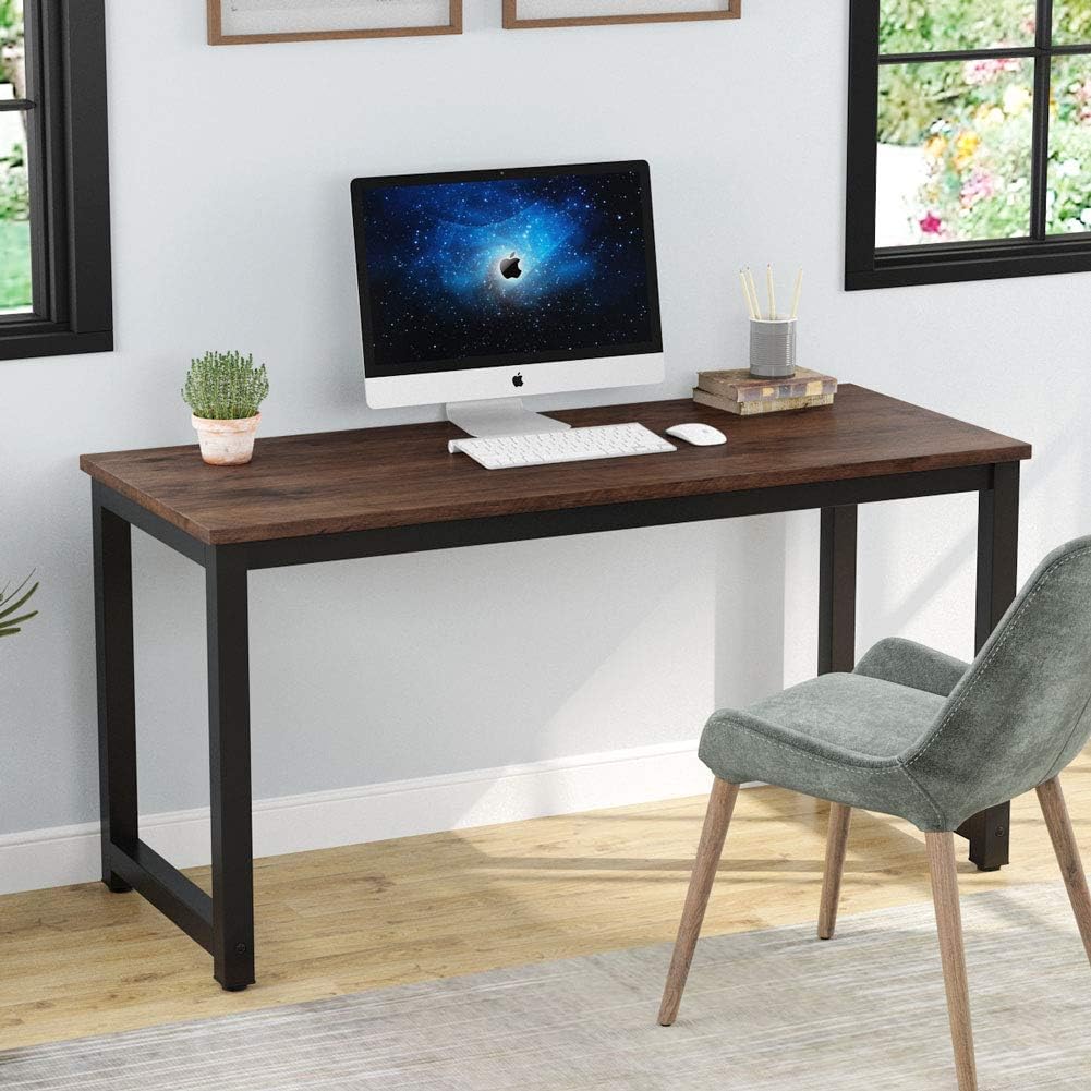 55-inch rustic brown wooden computer desk with spacious work surface, shown in modern home office setting — view 2