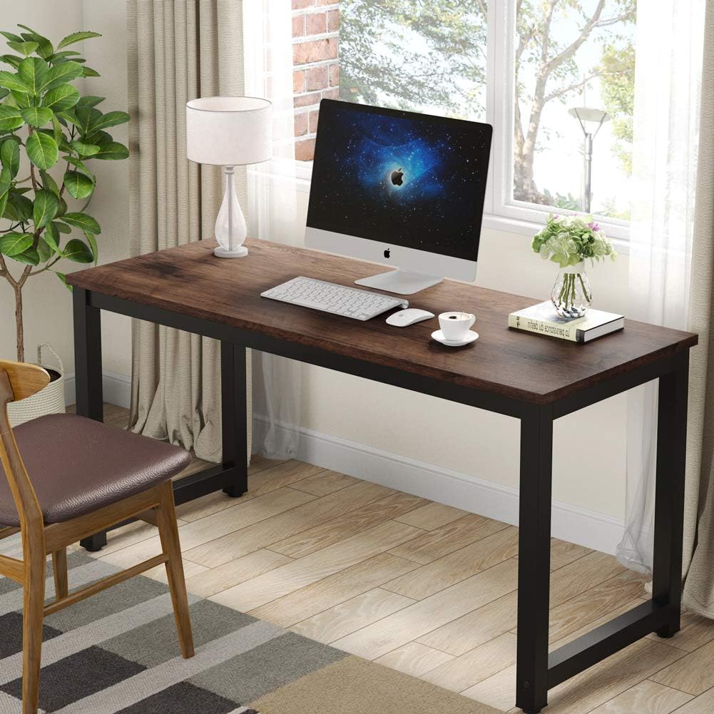 55-inch rustic brown wooden computer desk with spacious work surface, shown in modern home office setting — view 4