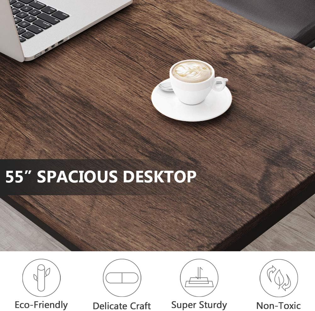 55-inch rustic brown wooden computer desk with spacious work surface, shown in modern home office setting — view 2