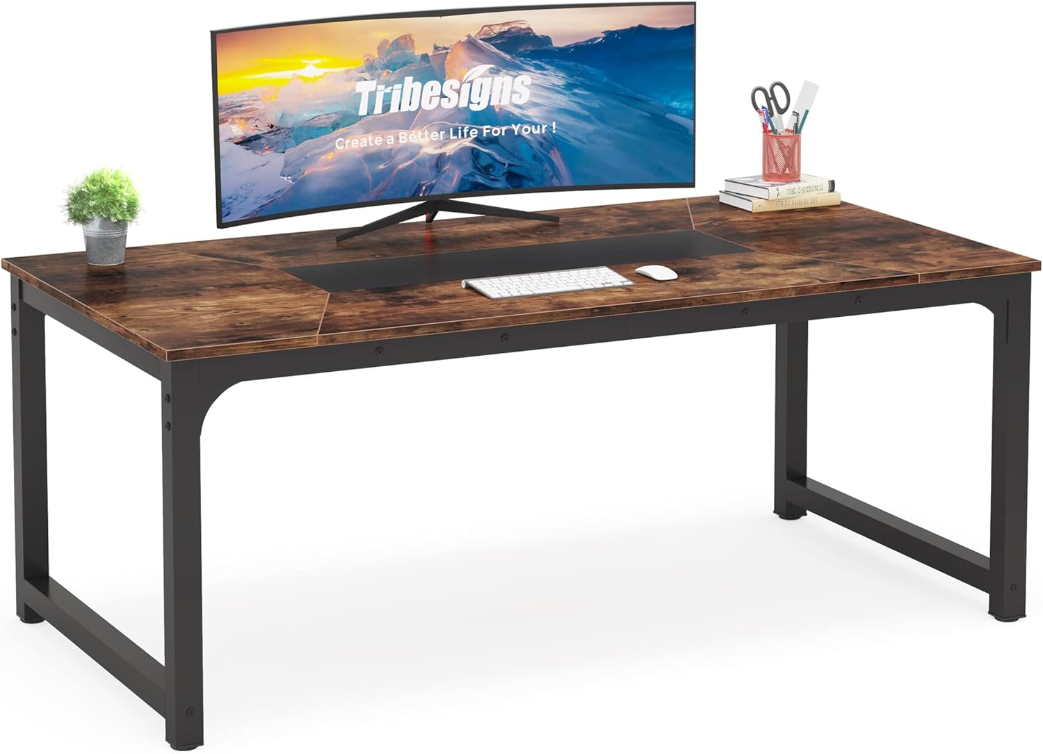 55-inch rustic brown wooden computer desk with spacious work surface, shown in modern home office setting — view 4