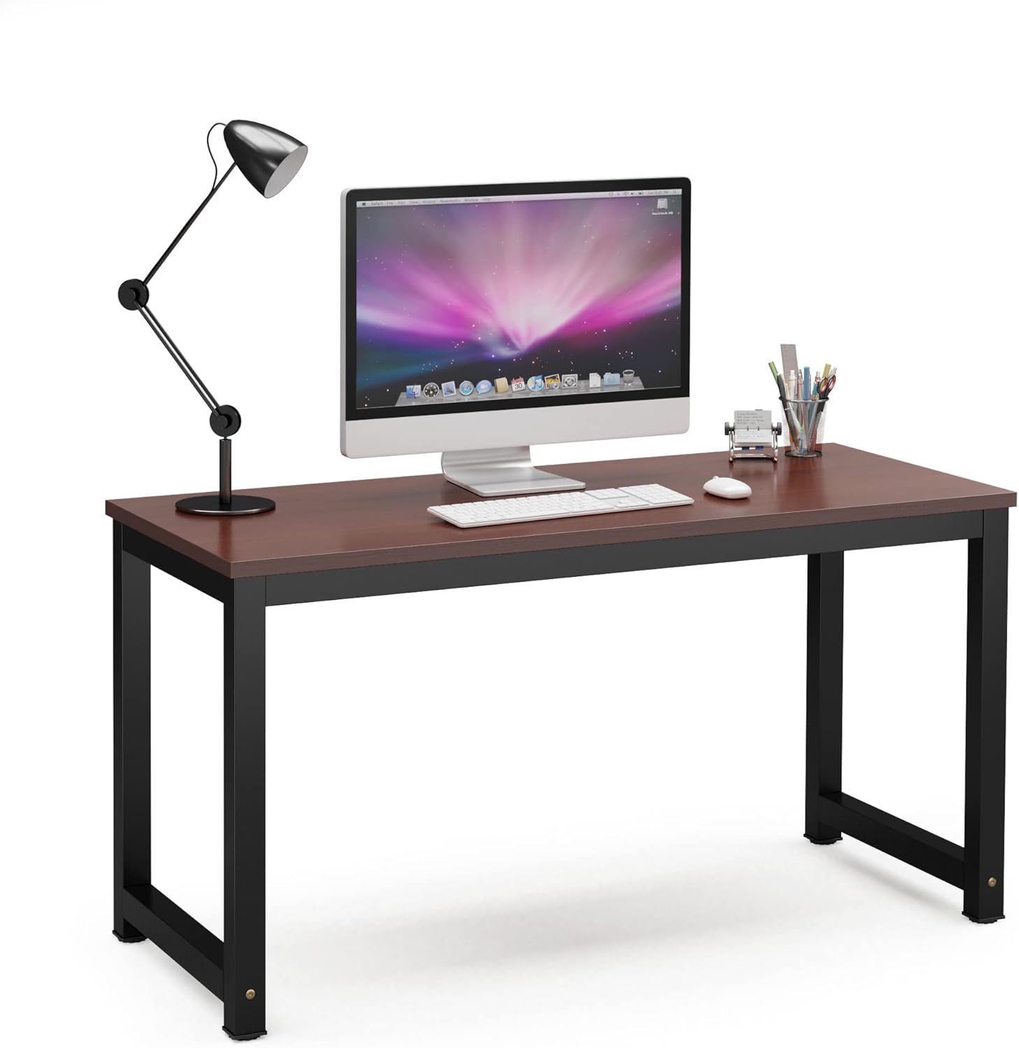 55-inch rustic brown wooden computer desk with spacious work surface, shown in modern home office setting — view 5