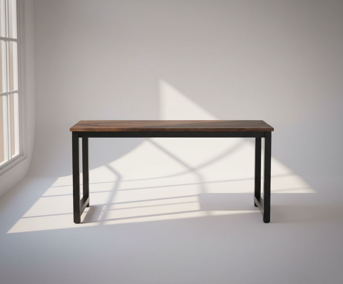 55-inch rustic brown wooden computer desk with spacious work surface, shown in modern home office setting — hero view 1