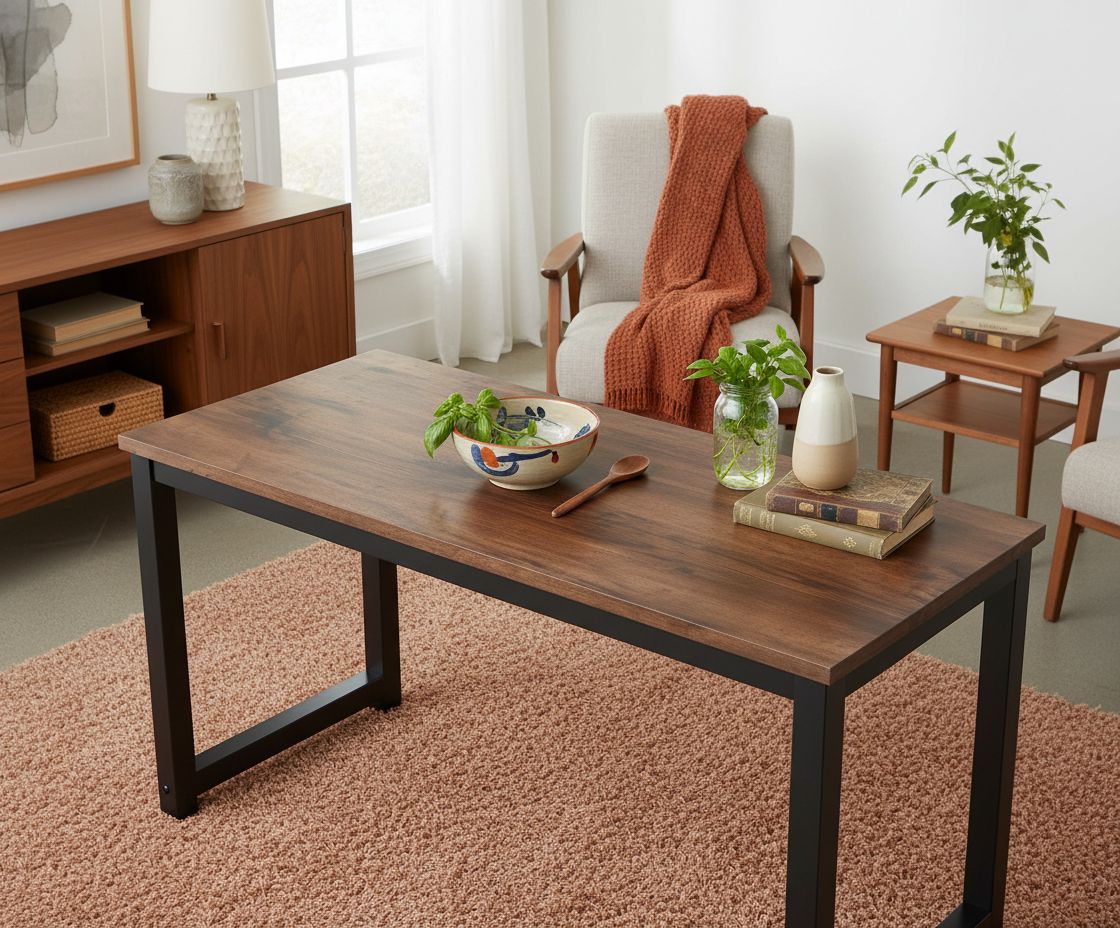 55-inch rustic brown wooden computer desk with spacious work surface, shown in modern home office setting — view 2