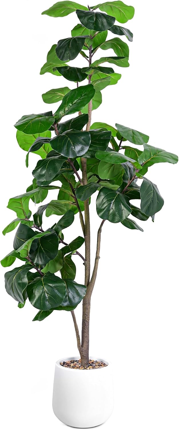 6-foot tall artificial fiddle leaf ficus tree with green leaves and white ceramic planter pot — view 1