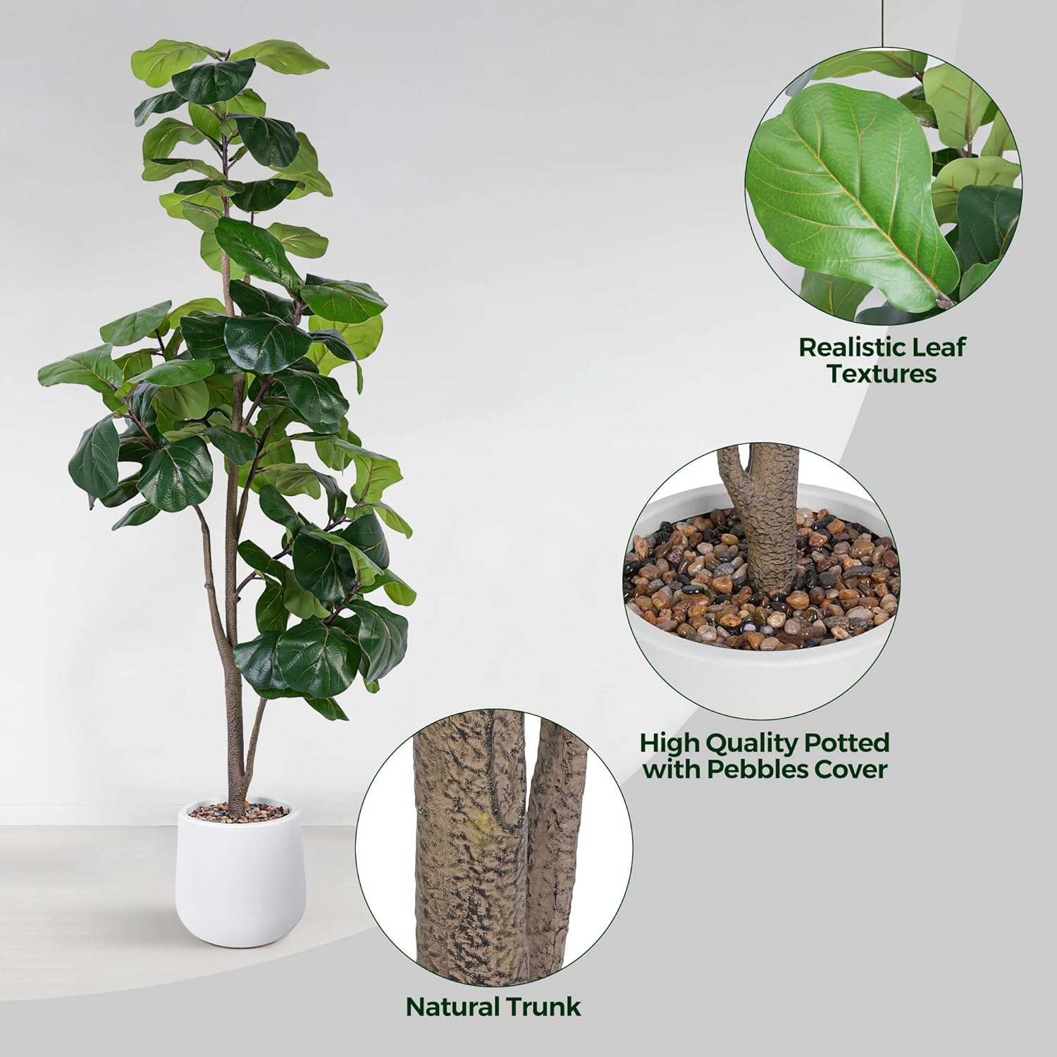 6-foot tall artificial fiddle leaf ficus tree with green leaves and white ceramic planter pot — view 2