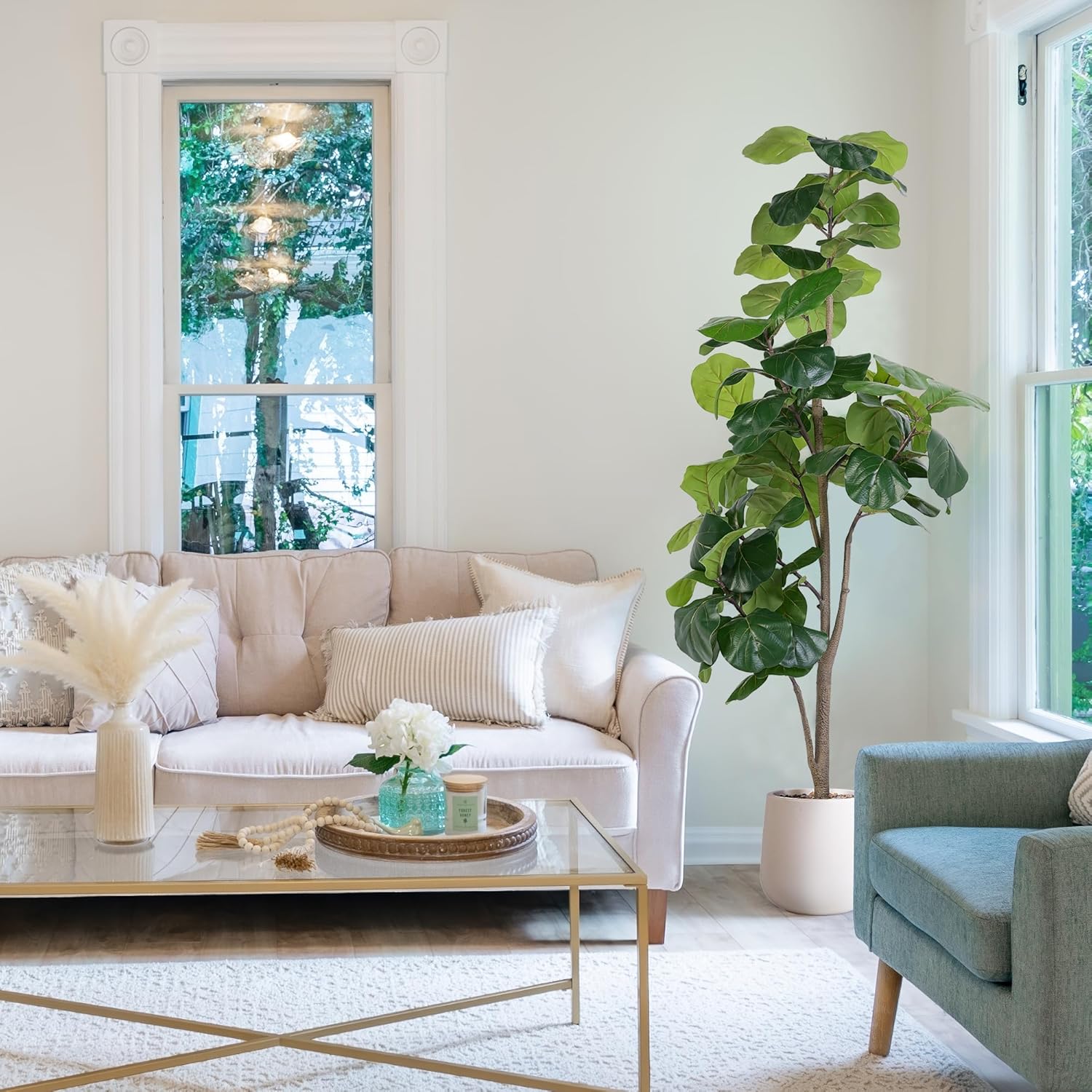6-foot tall artificial fiddle leaf ficus tree with green leaves and white ceramic planter pot — view 3