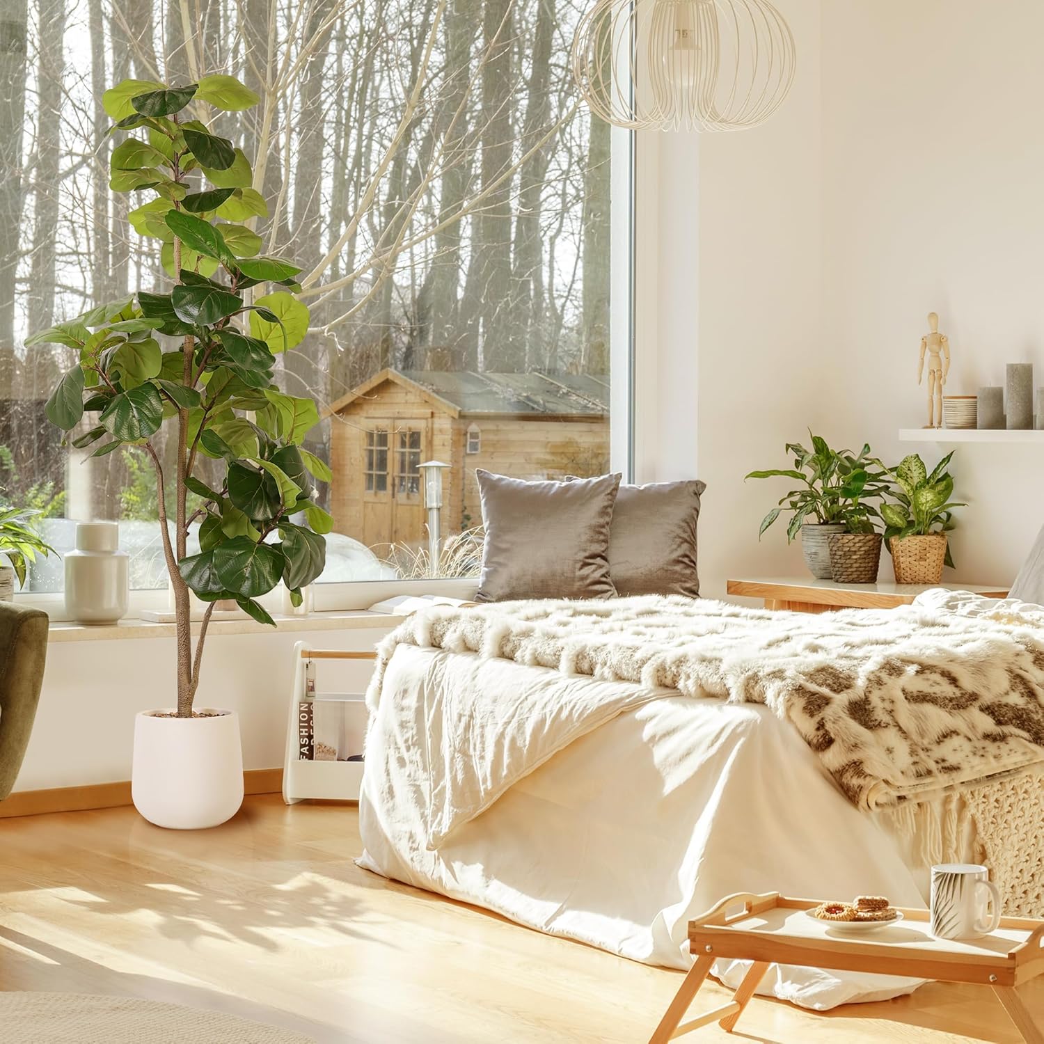6-foot tall artificial fiddle leaf ficus tree with green leaves and white ceramic planter pot — view 4