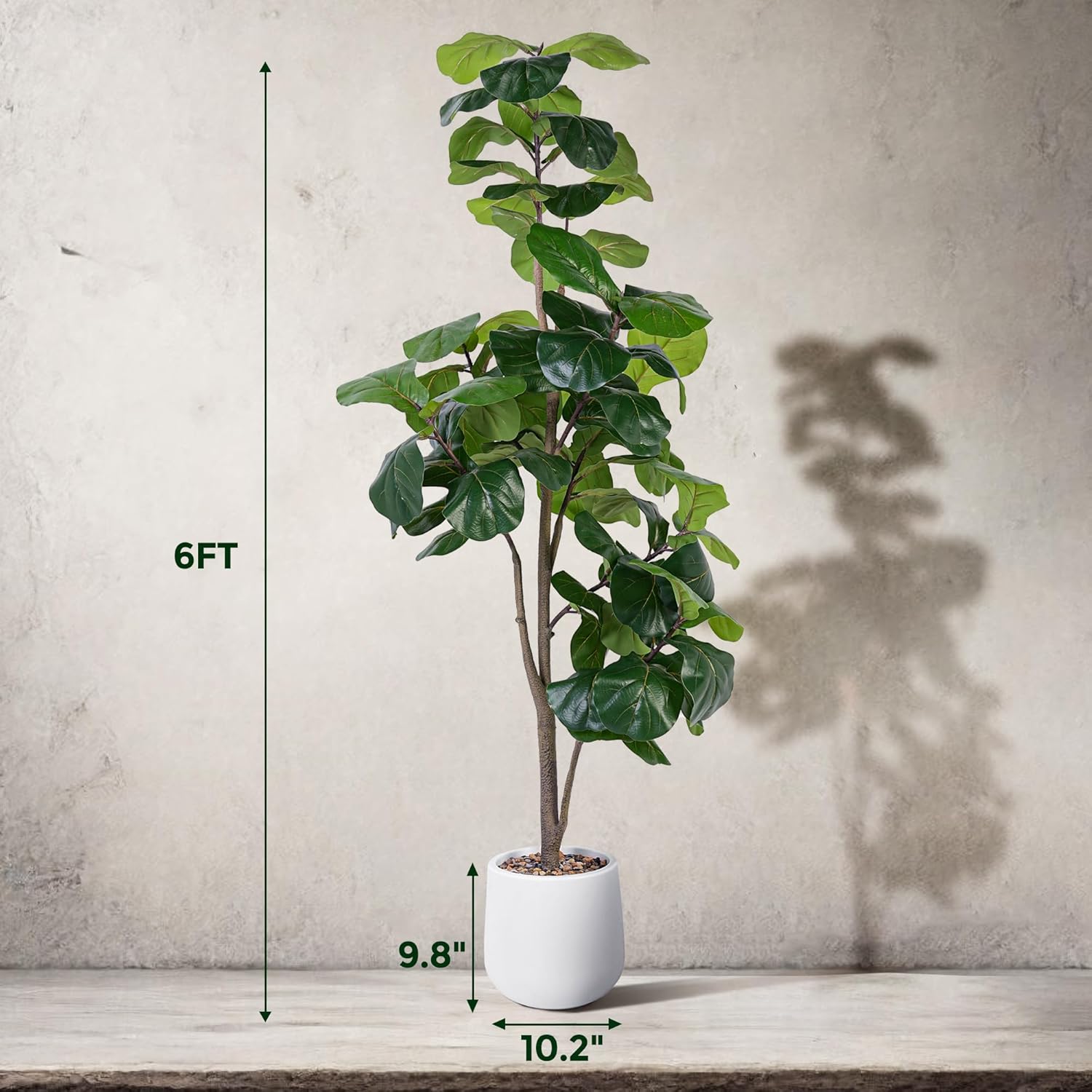 6-foot tall artificial fiddle leaf ficus tree with green leaves and white ceramic planter pot — view 2