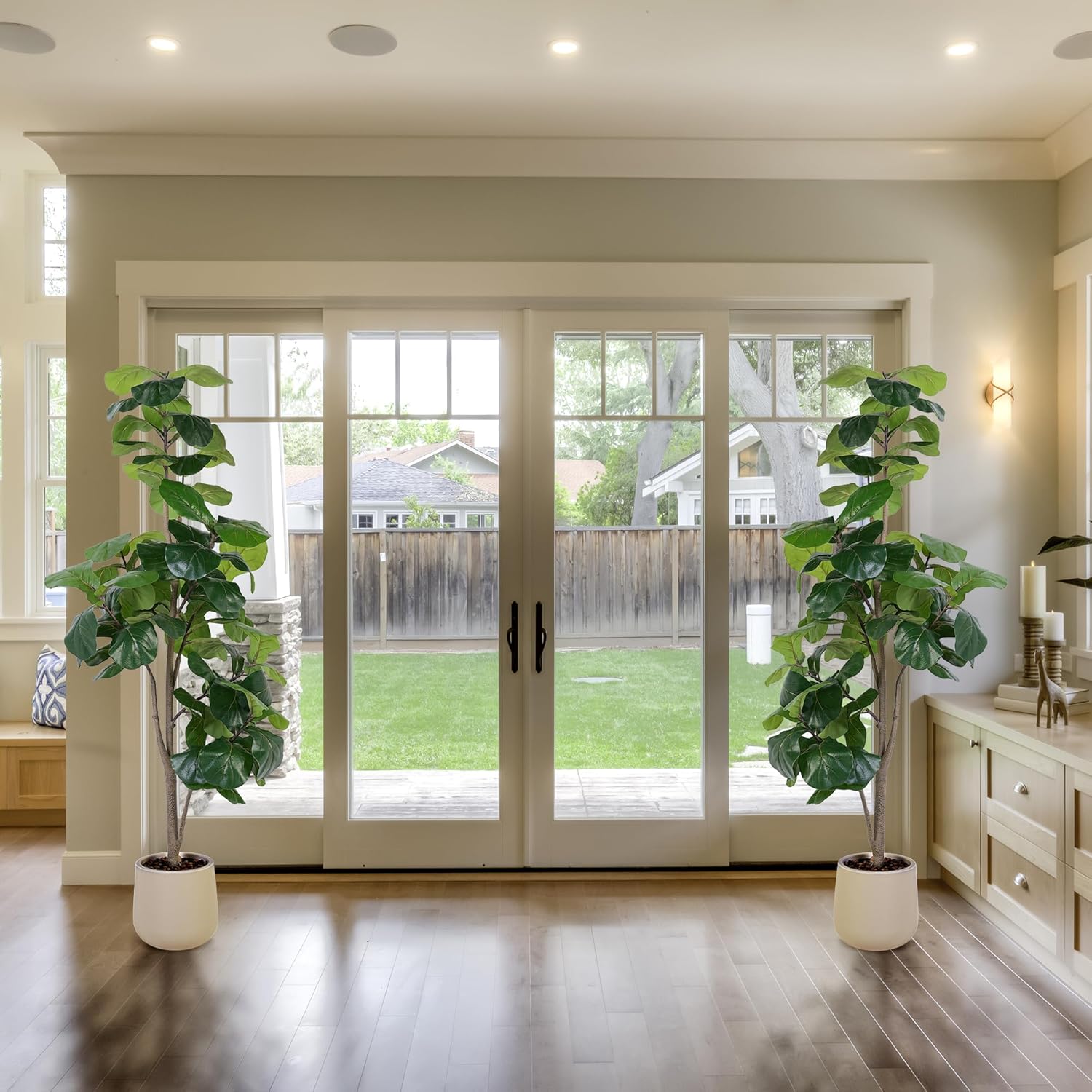 6-foot tall artificial fiddle leaf ficus tree with green leaves and white ceramic planter pot — view 4