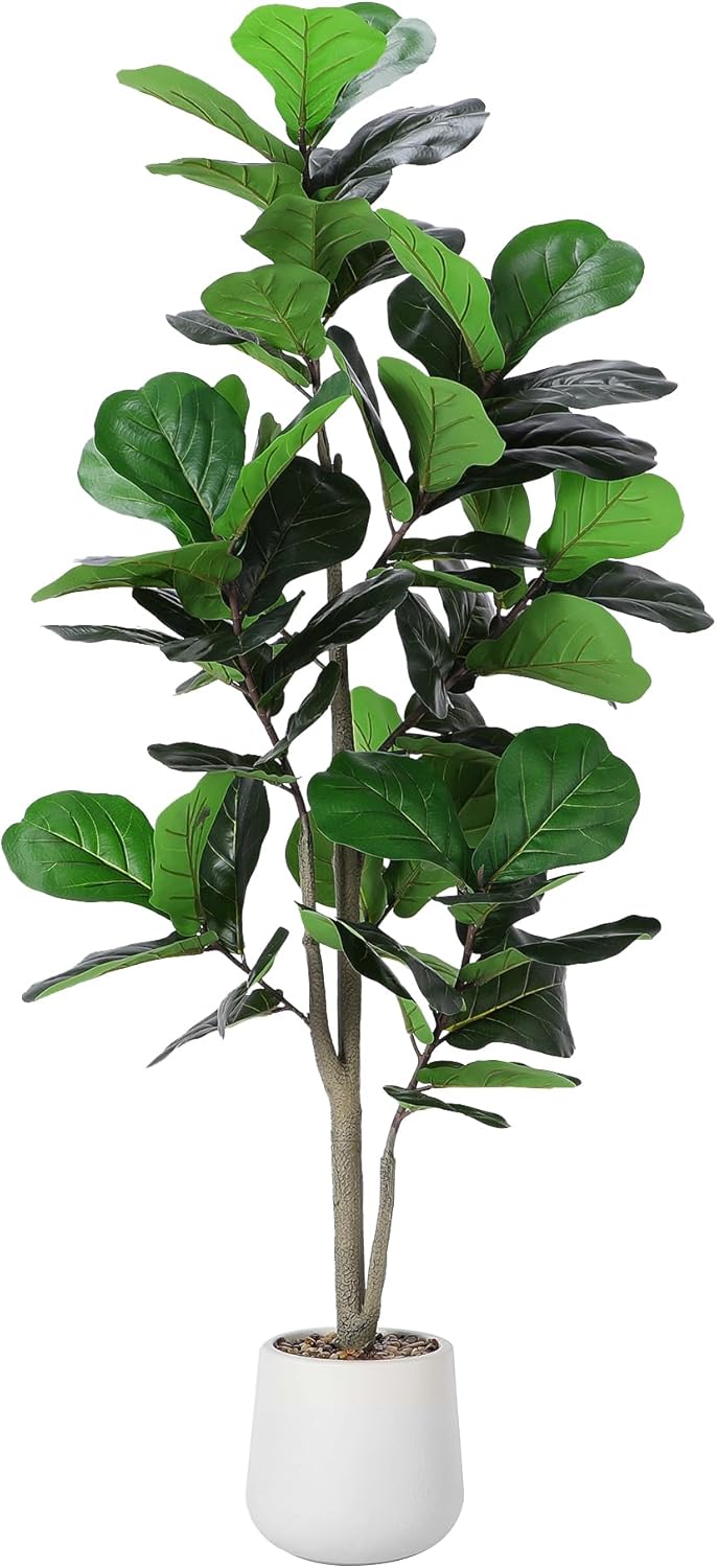 6-foot tall artificial fiddle leaf ficus tree with green leaves and white ceramic planter pot — view 5