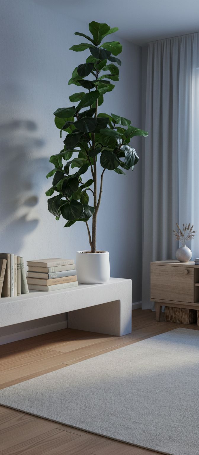 6-foot tall artificial fiddle leaf ficus tree with green leaves and white ceramic planter pot — view 5b