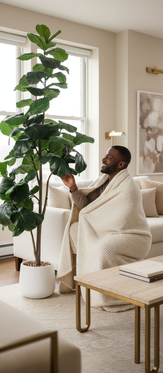 6-foot tall artificial fiddle leaf ficus tree with green leaves and white ceramic planter pot — view 2