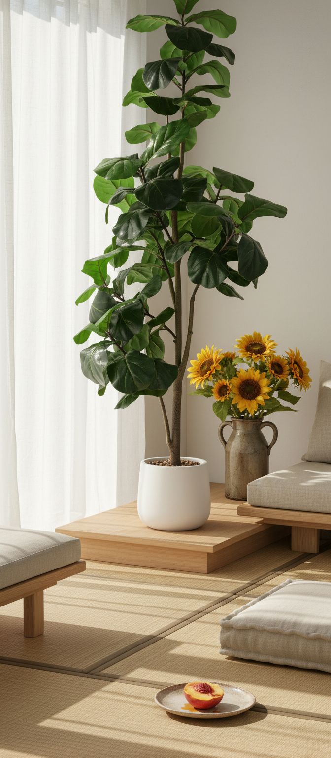 6-foot tall artificial fiddle leaf ficus tree with green leaves and white ceramic planter pot — view 4