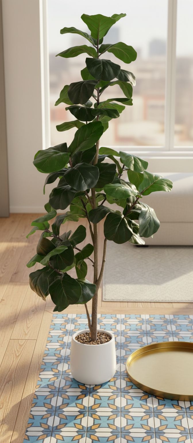 6-foot tall artificial fiddle leaf ficus tree with green leaves and white ceramic planter pot — view 5a