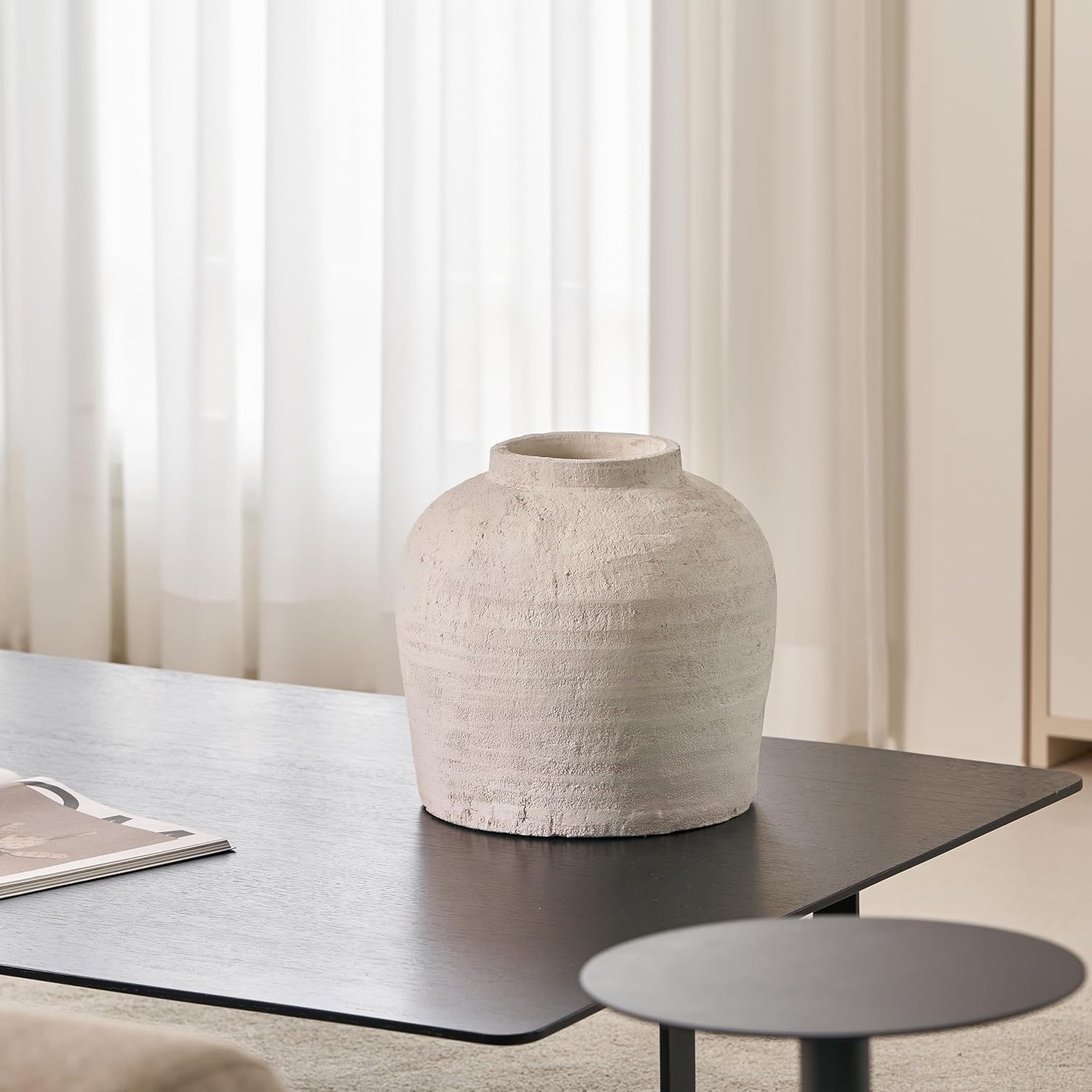 11-inch white ceramic vase with distressed farmhouse finish, shown in {color} against {background} — view 3