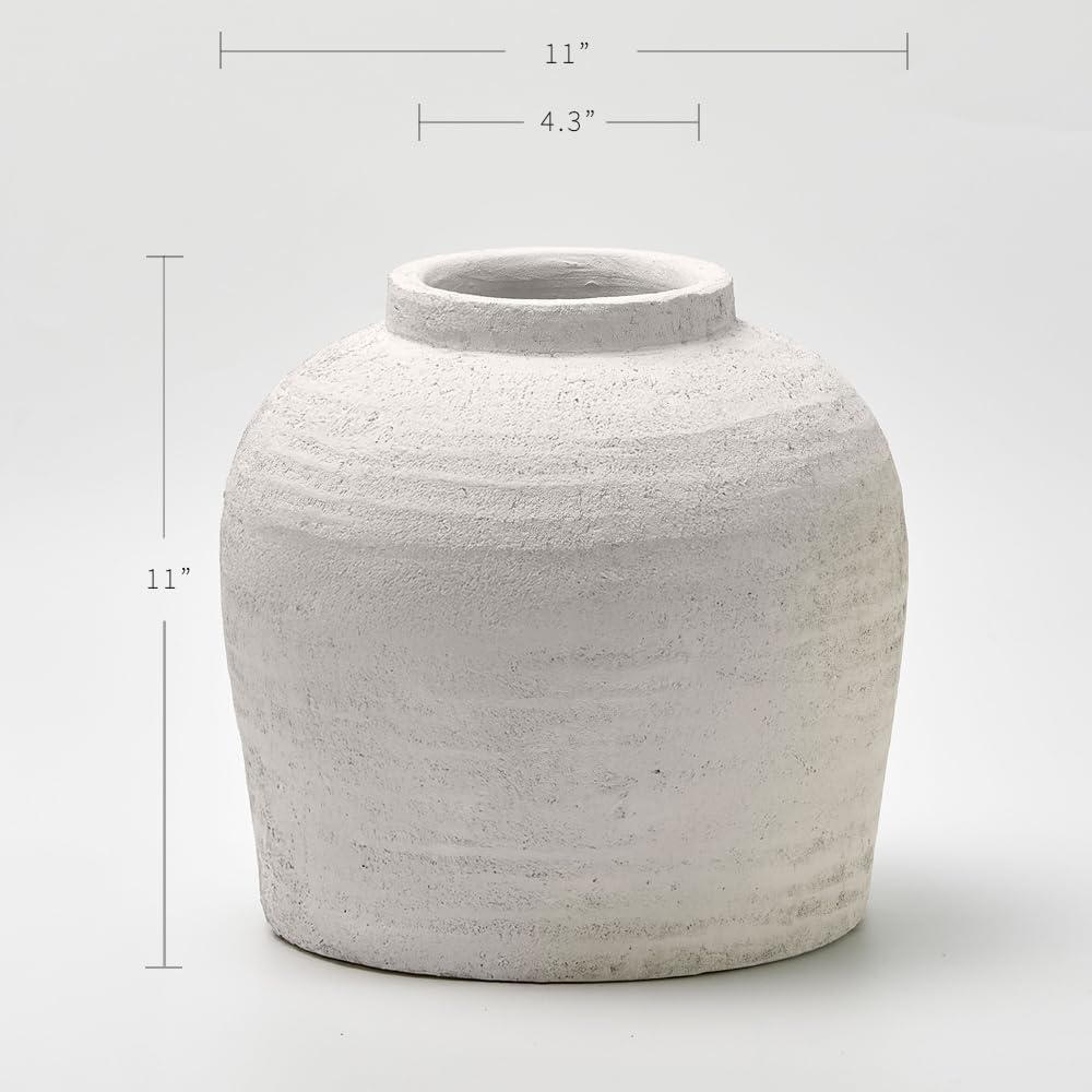 11-inch white ceramic vase with distressed farmhouse finish, shown in {color} against {background} — view 2