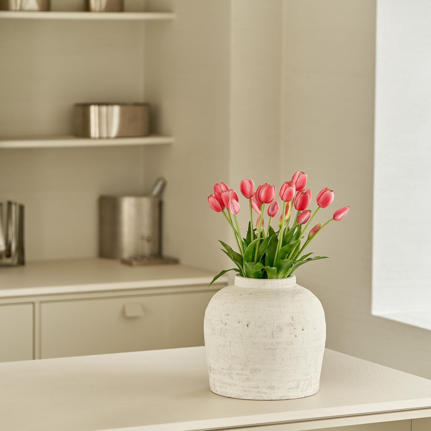 11-inch white ceramic vase with distressed farmhouse finish, shown in {color} against {background} — view 7