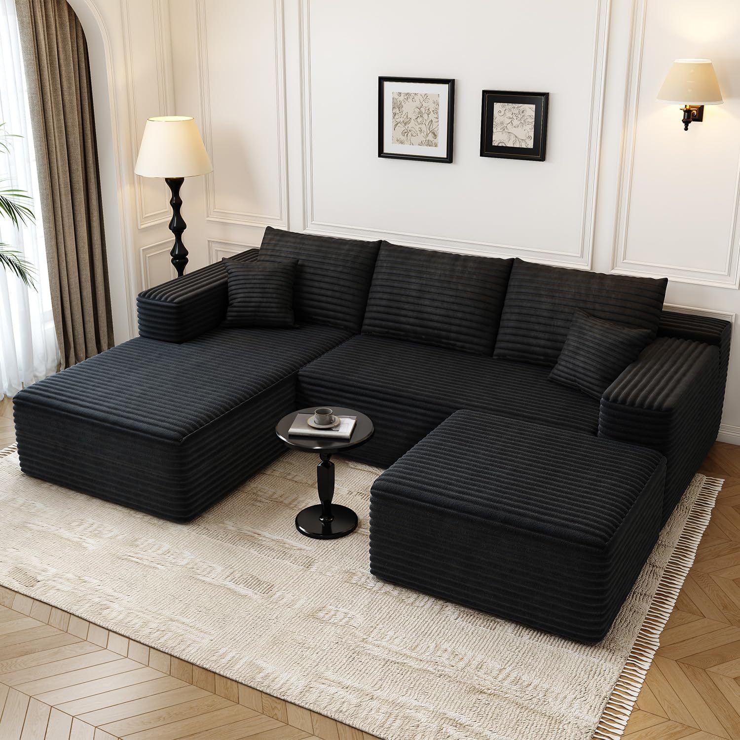 {color} upholstered {form-factor} sectional sofa with {material} finish, {style} modern design for living room — view 1