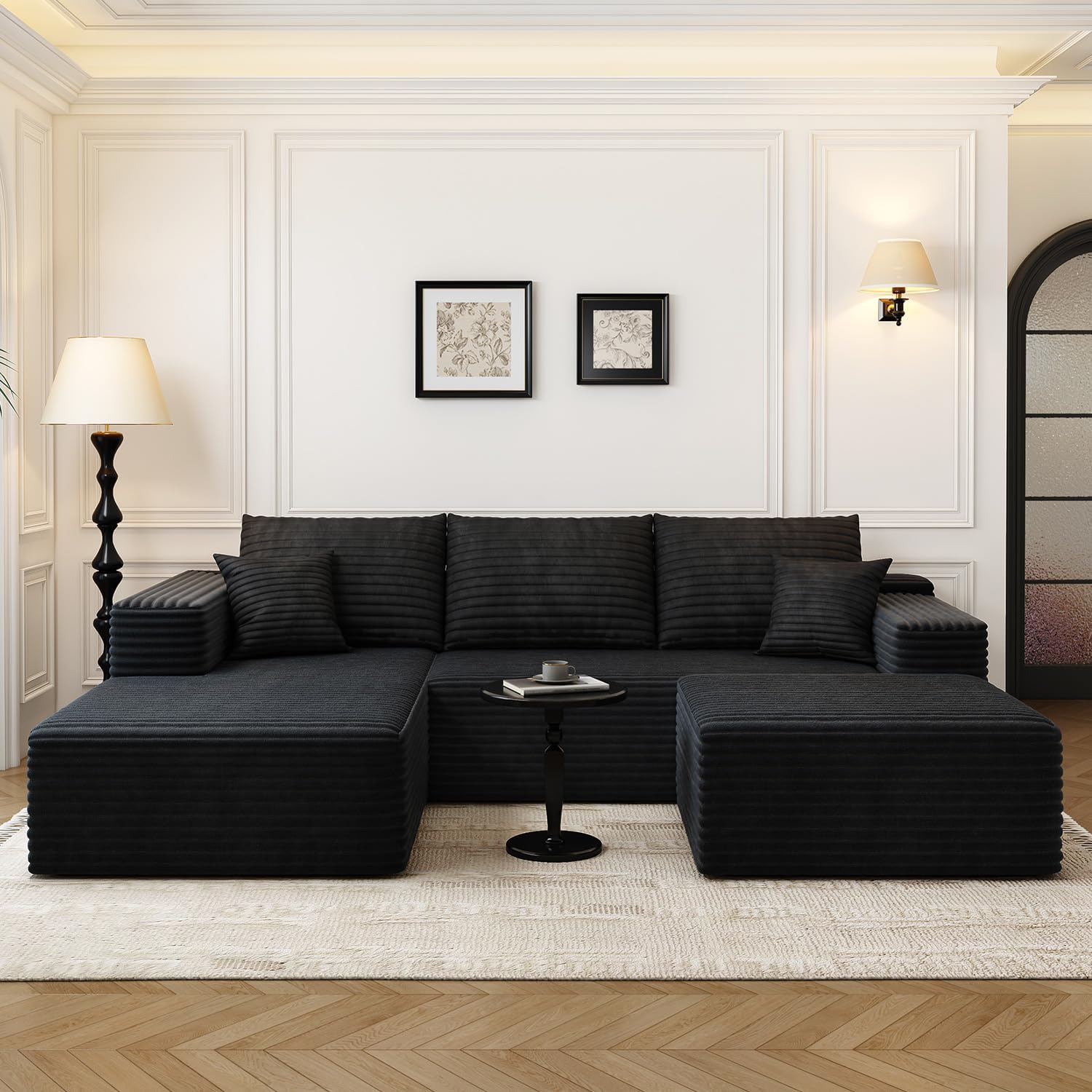 {color} upholstered {form-factor} sectional sofa with {material} finish, {style} modern design for living room — view 5